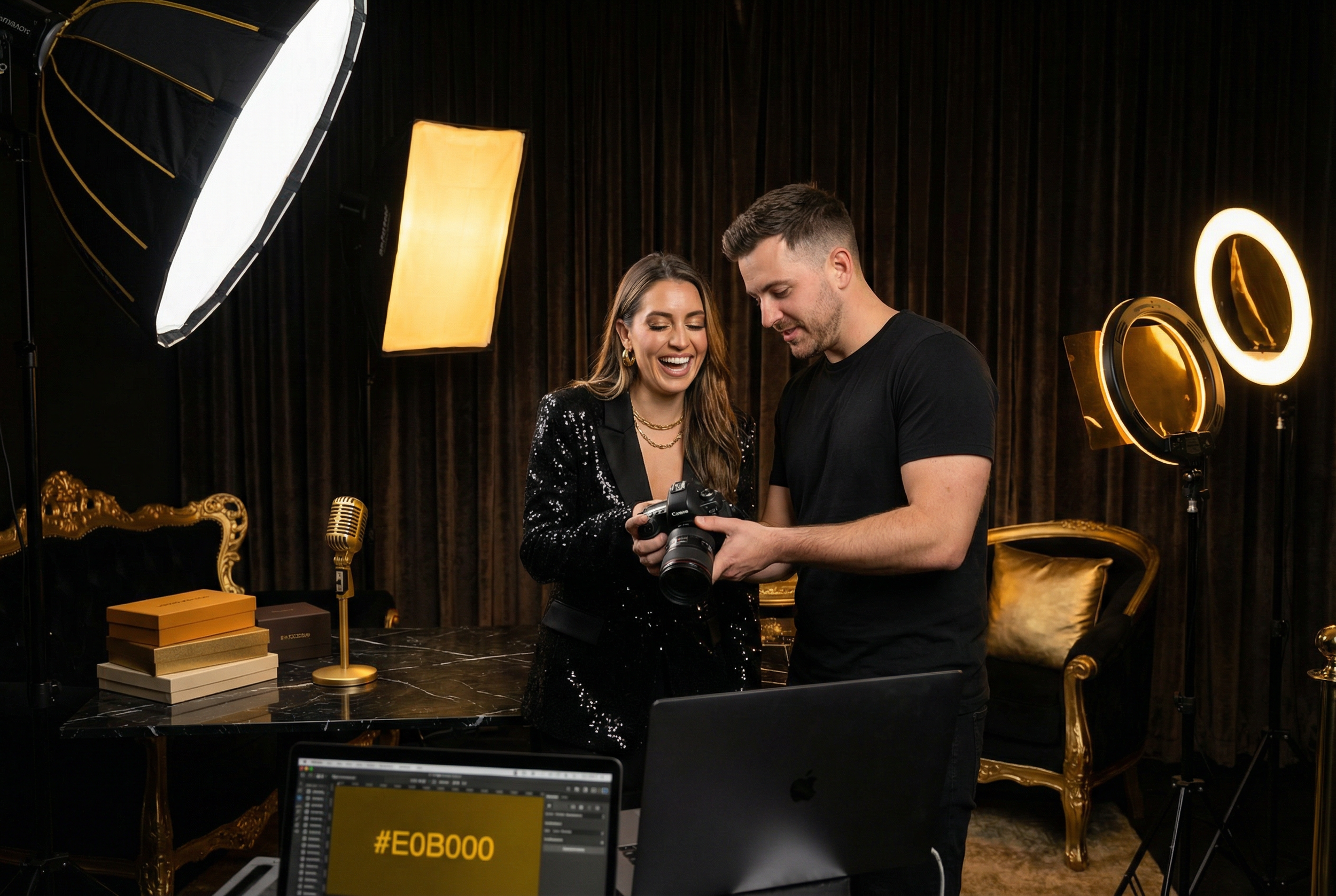 Two people, a woman and a man, are looking at a camera in a professional photography studio with lighting equipment and elegant furniture.