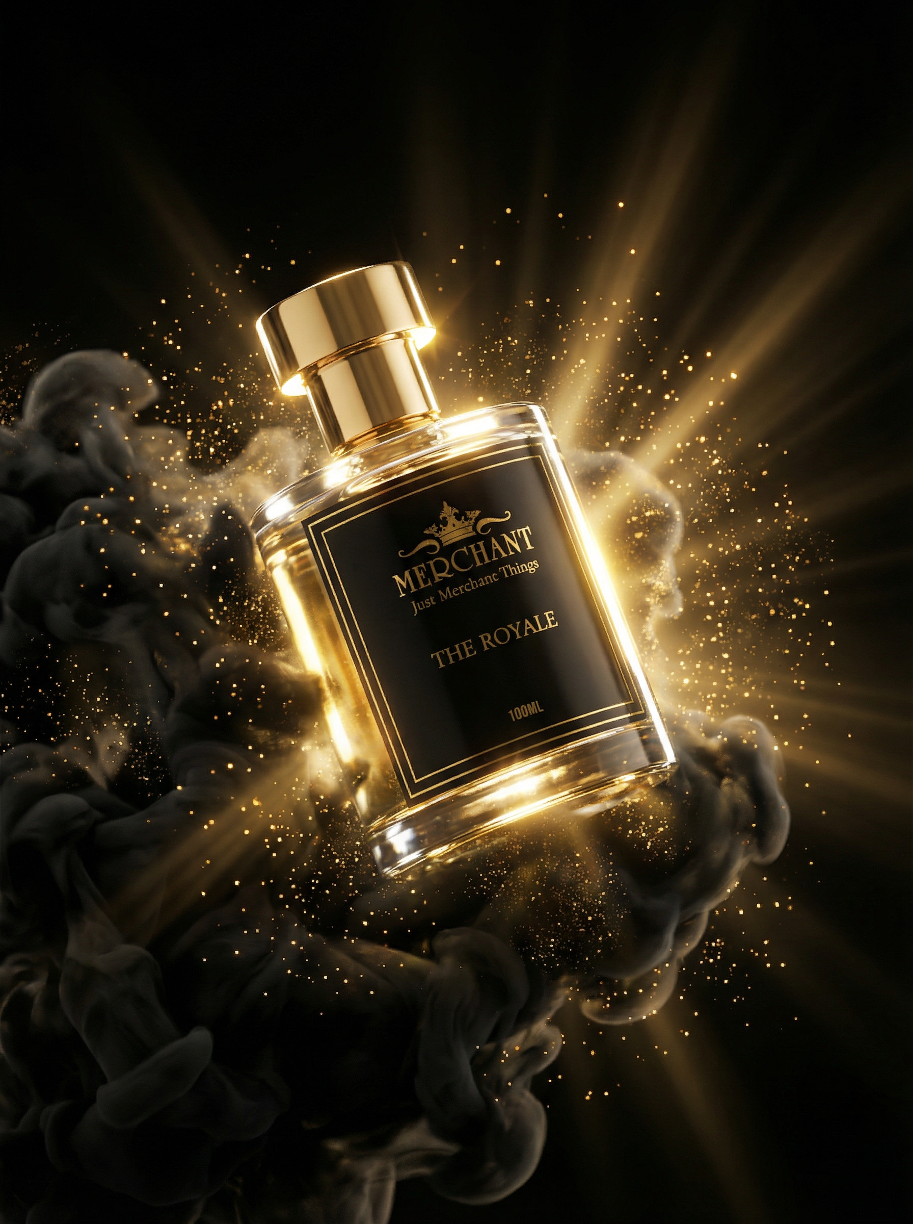 A luxury perfume bottle with black and gold design, labeled "The Royale" by Merchant, surrounded by golden glow, sparkles, and smoke effects.