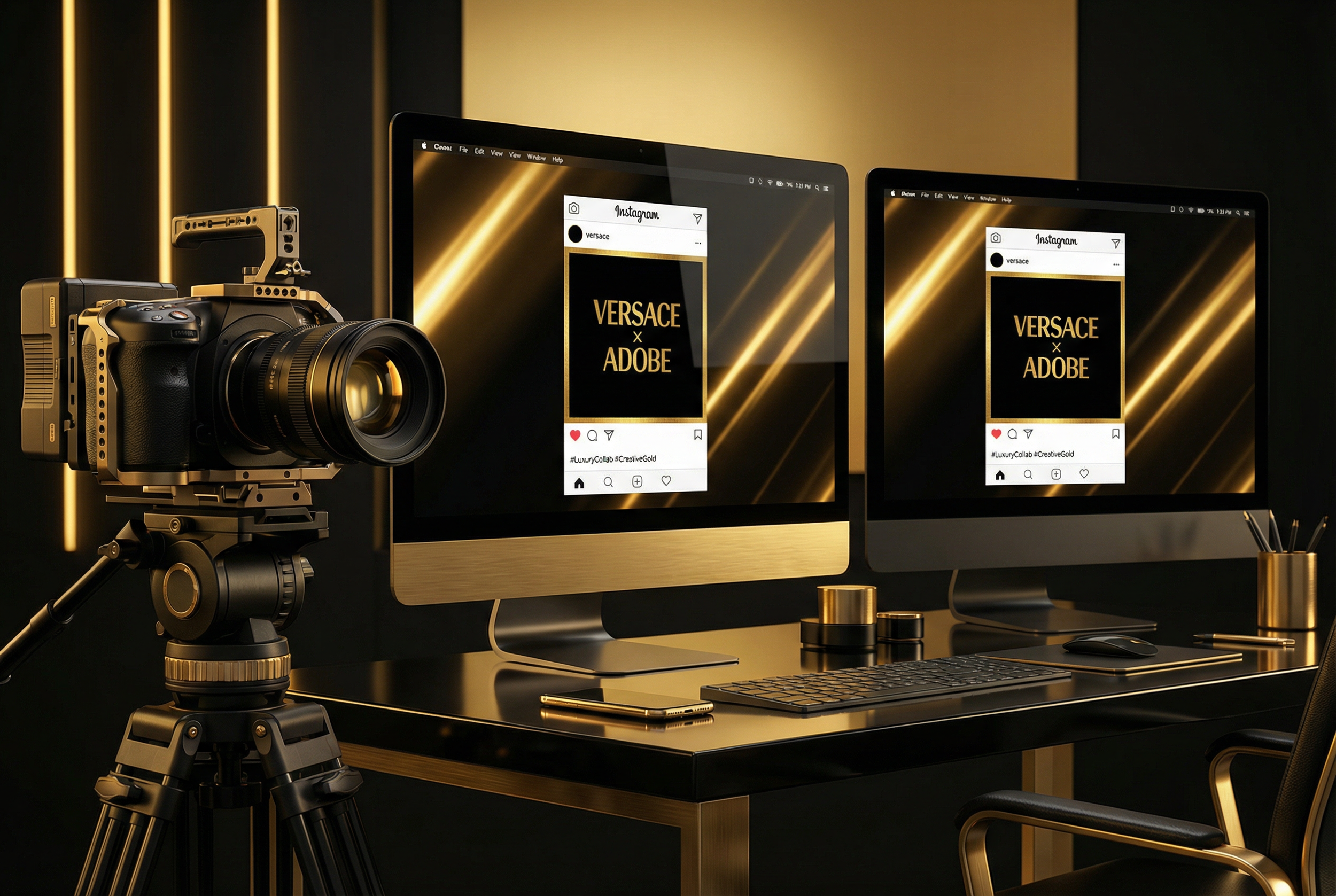 A professional camera on a tripod facing two iMac computers displaying an Instagram post with the text 'Versace x Adobe' against a black and gold background.