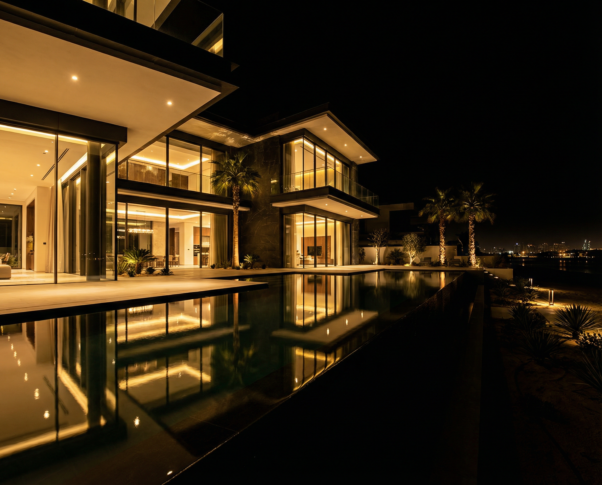 Night view of a modern luxury house with large glass windows, illuminated from inside, with palm trees and a reflecting pool outside.