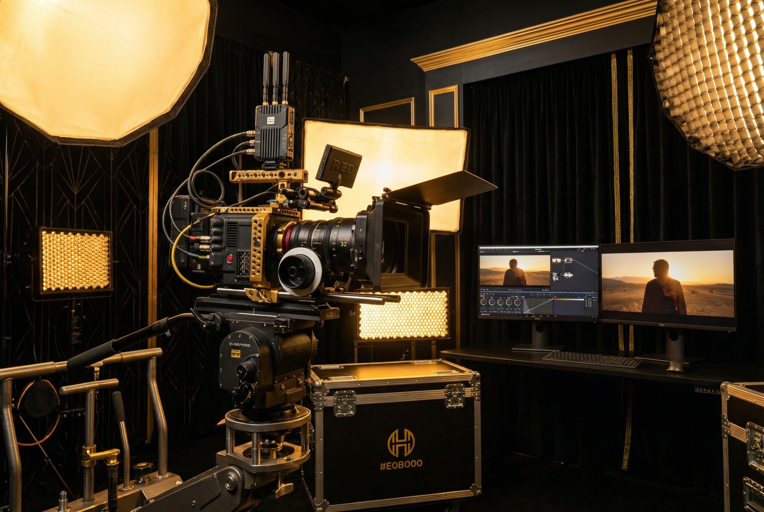 Film production studio setup with camera, lighting, and dual monitors showing a person in a desert landscape at sunset.