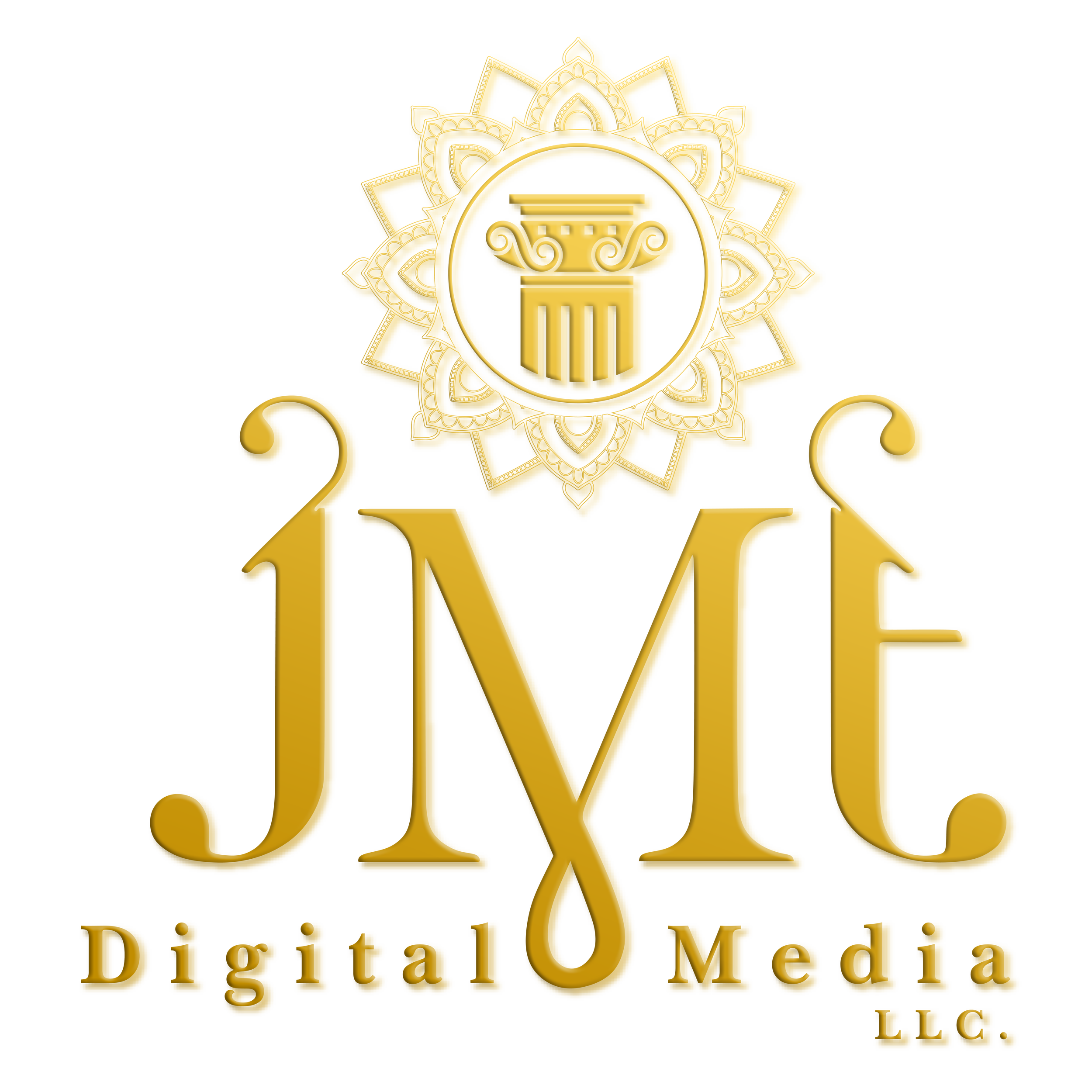 Gold logo with the text 'JMT Digital Media LLC.' and a decorative emblem featuring a column inside a sunburst shape.
