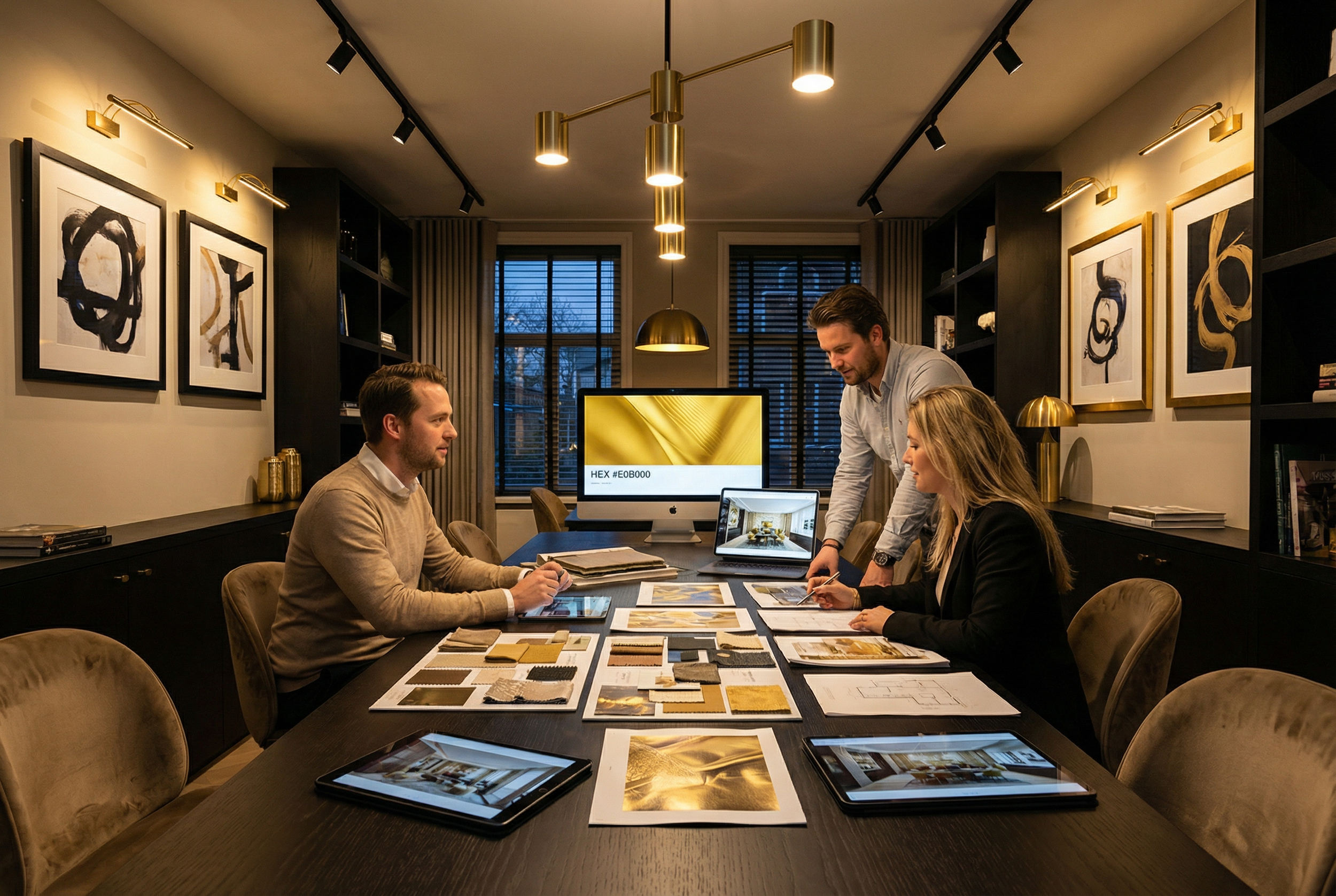 Four people in a modern conference room discussing design materials and images on a large table, with artwork on the walls and a computer monitor in the background.