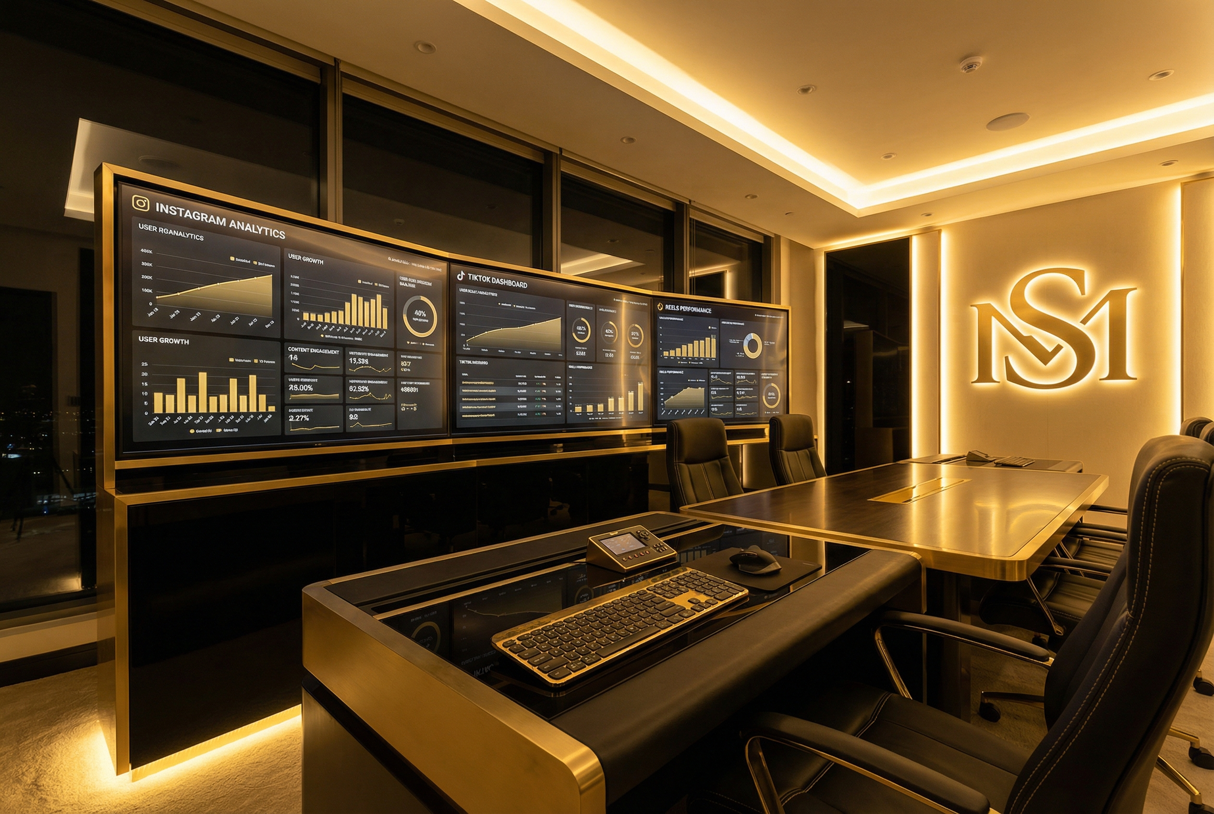 Modern office conference room with multiple large screens displaying data analytics and graphs, a sleek golden conference table with chairs, and illuminated NSI logo on the wall.