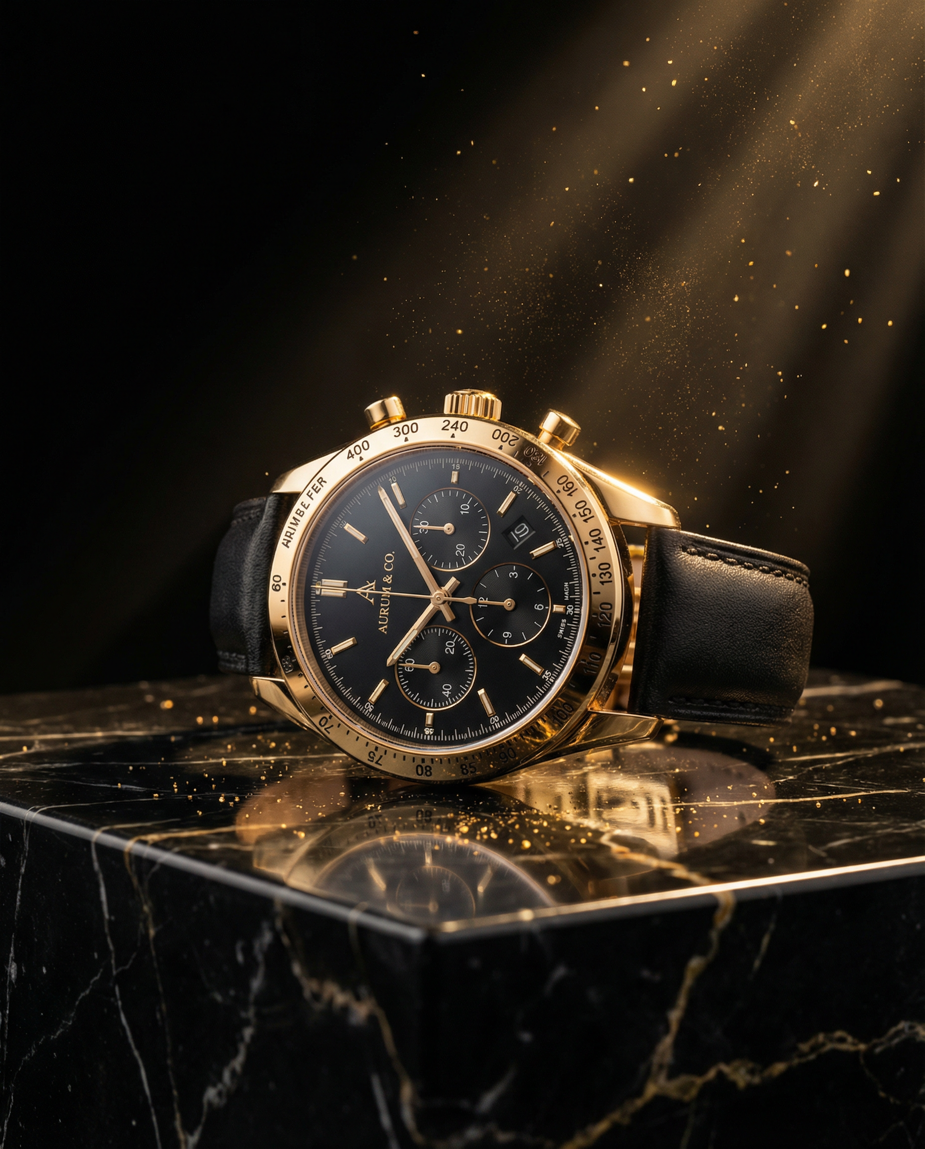 A luxury wristwatch with a black face, gold case, and black leather strap, resting on a black marble surface with gold accents, with golden particles in the background.