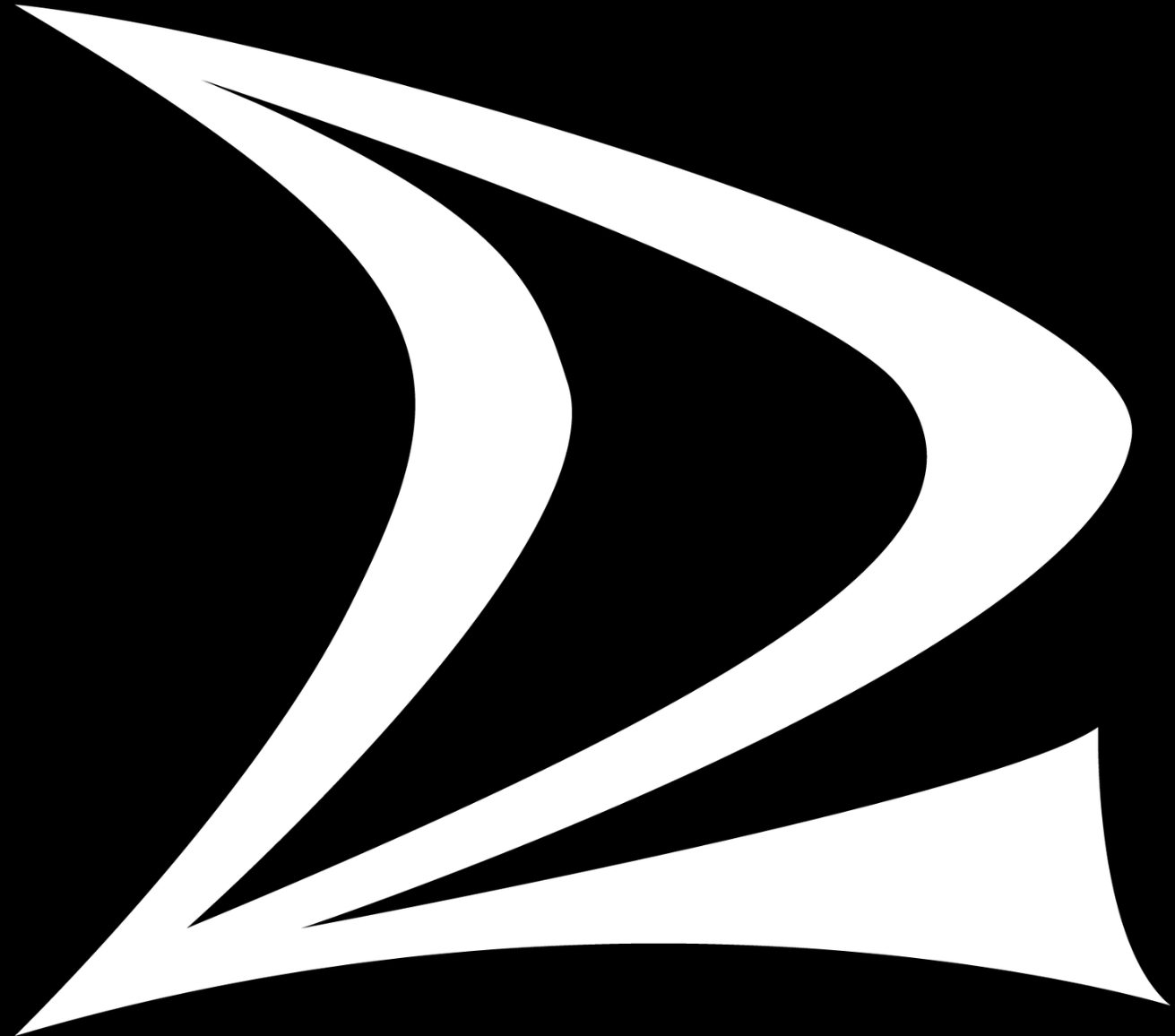 A stylized black and white abstract design with curved shapes and lines.