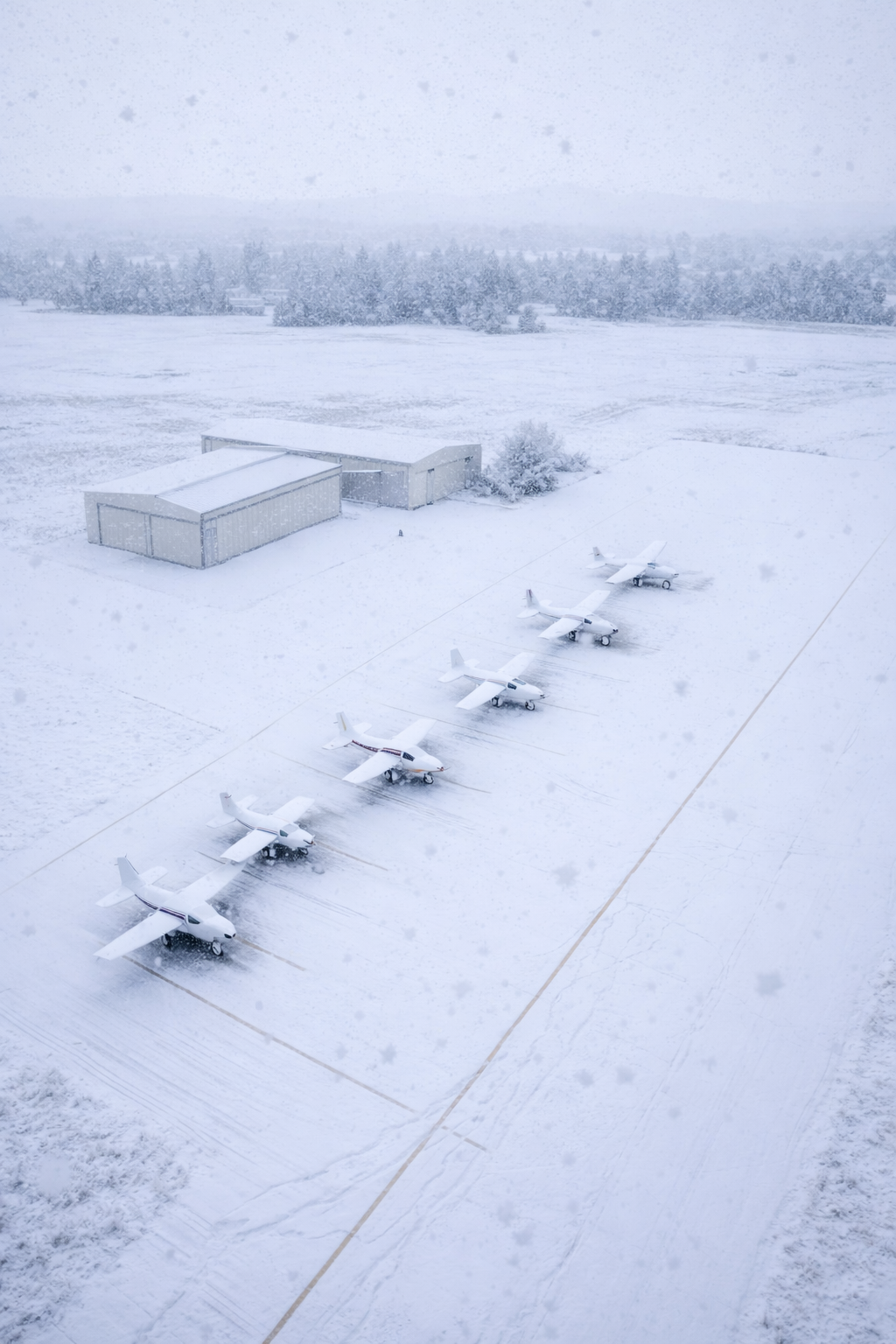 Six small planes parked in a snow-covered airport with snow falling, a couple of hangars, and snow-covered trees in the background.