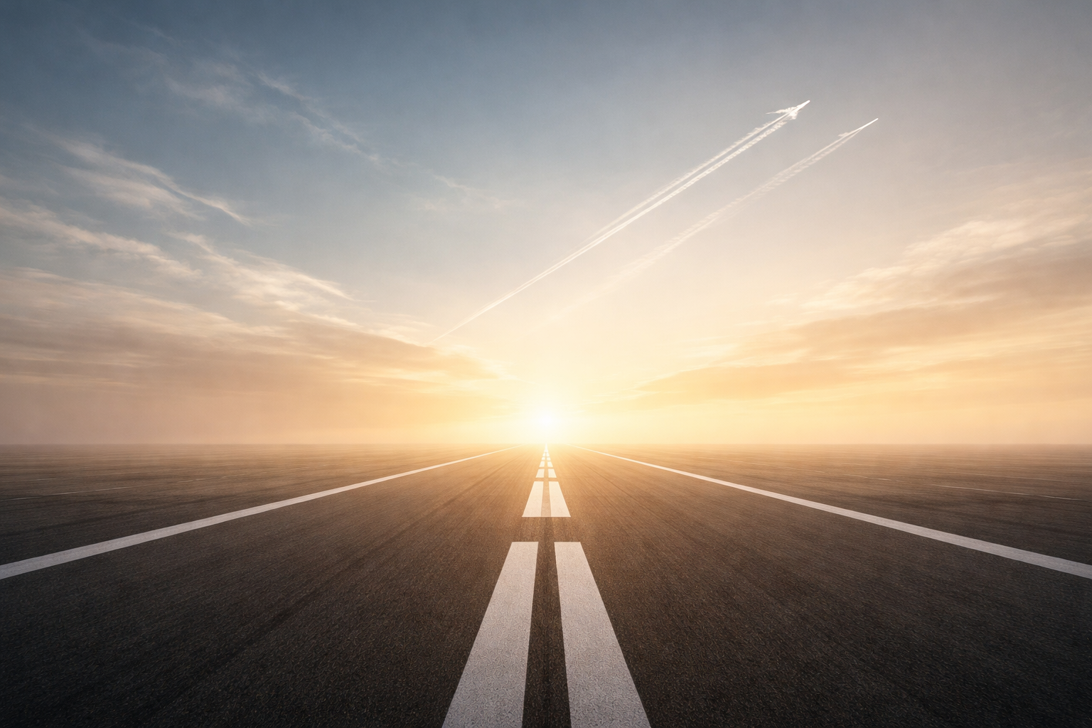 A straight road leading to the horizon with the sun setting or rising, with clouds and aircraft contrails in the sky.