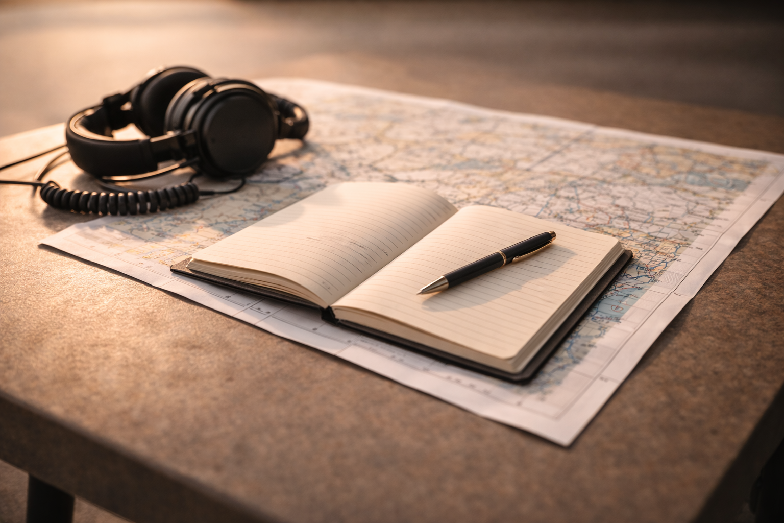 A pair of black over-ear headphones, an open notebook with a pen on top, and a detailed road map on a table.