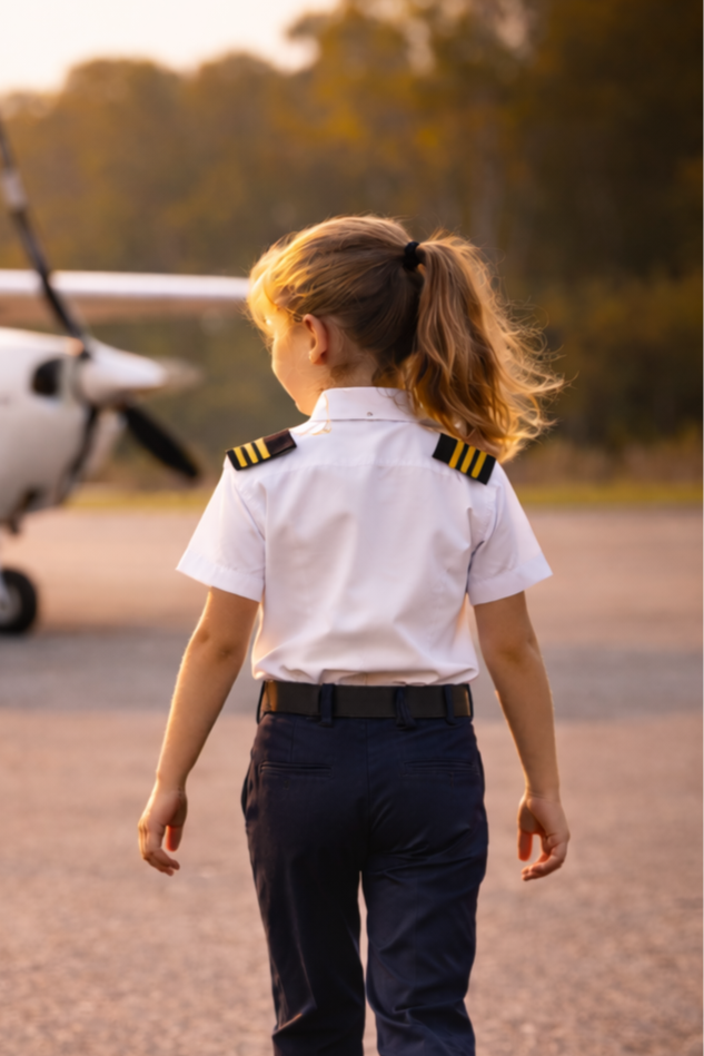 A young girl in a pilot or airline uniform walking on an airfield with a small airplane in the background during sunset.