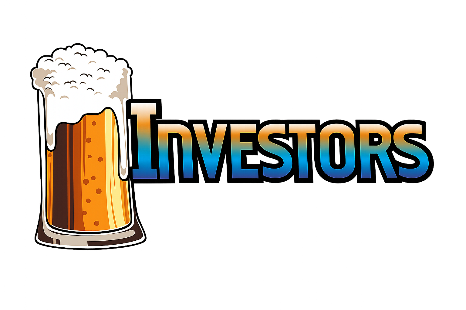 A graphic with a beer mug overflowing with foam next to the word 'INVESTORS' in colorful, gradient letters.