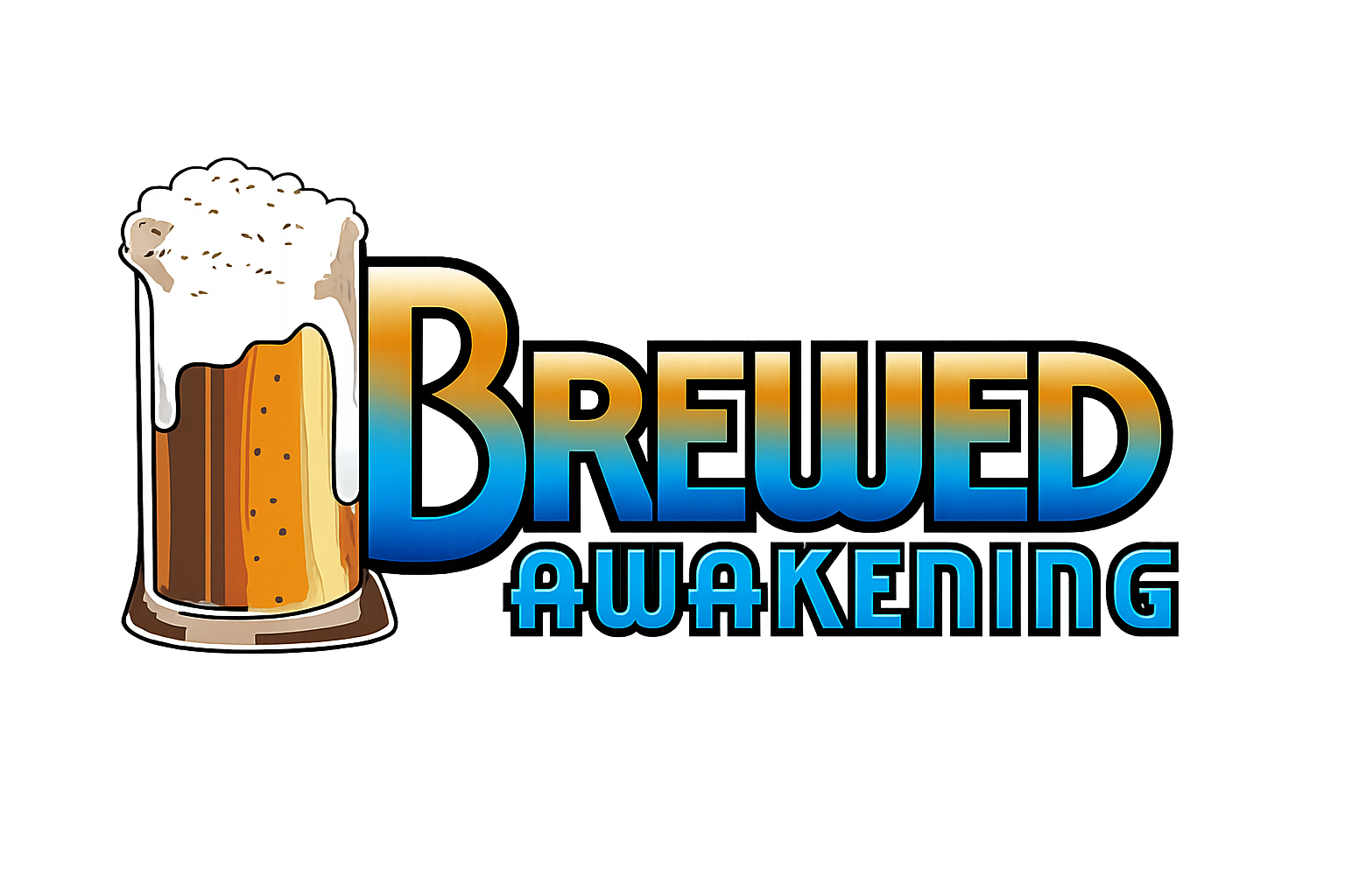 Logo for 'Brewed Awakening' featuring a frosted beer mug with foam, with the text 'BREWED AWAKENING' in bold colorful letters.