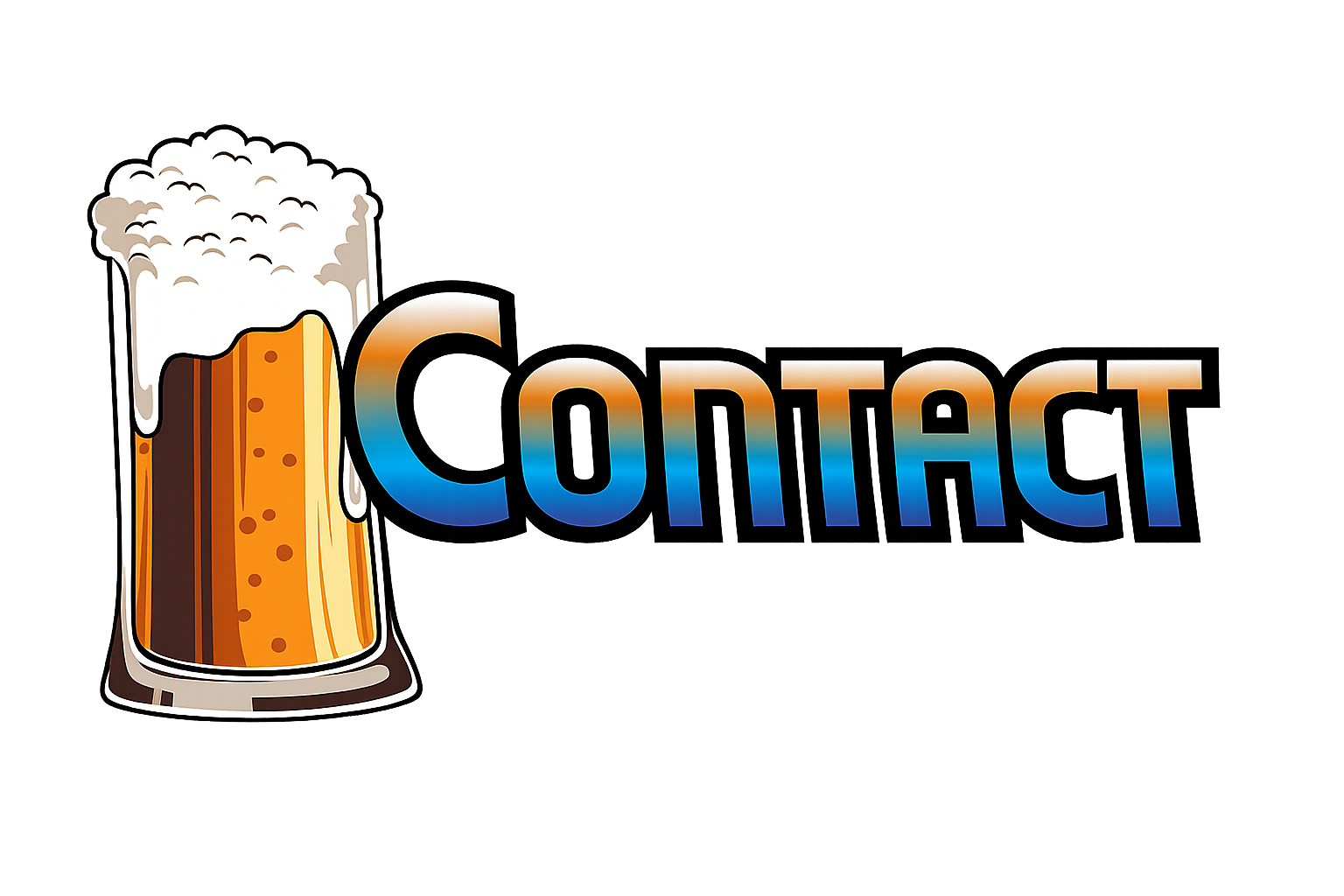 A graphic with a cartoon beer mug overflowing with foam and the word "CONTACT" in bold letters, against a colorful abstract background.