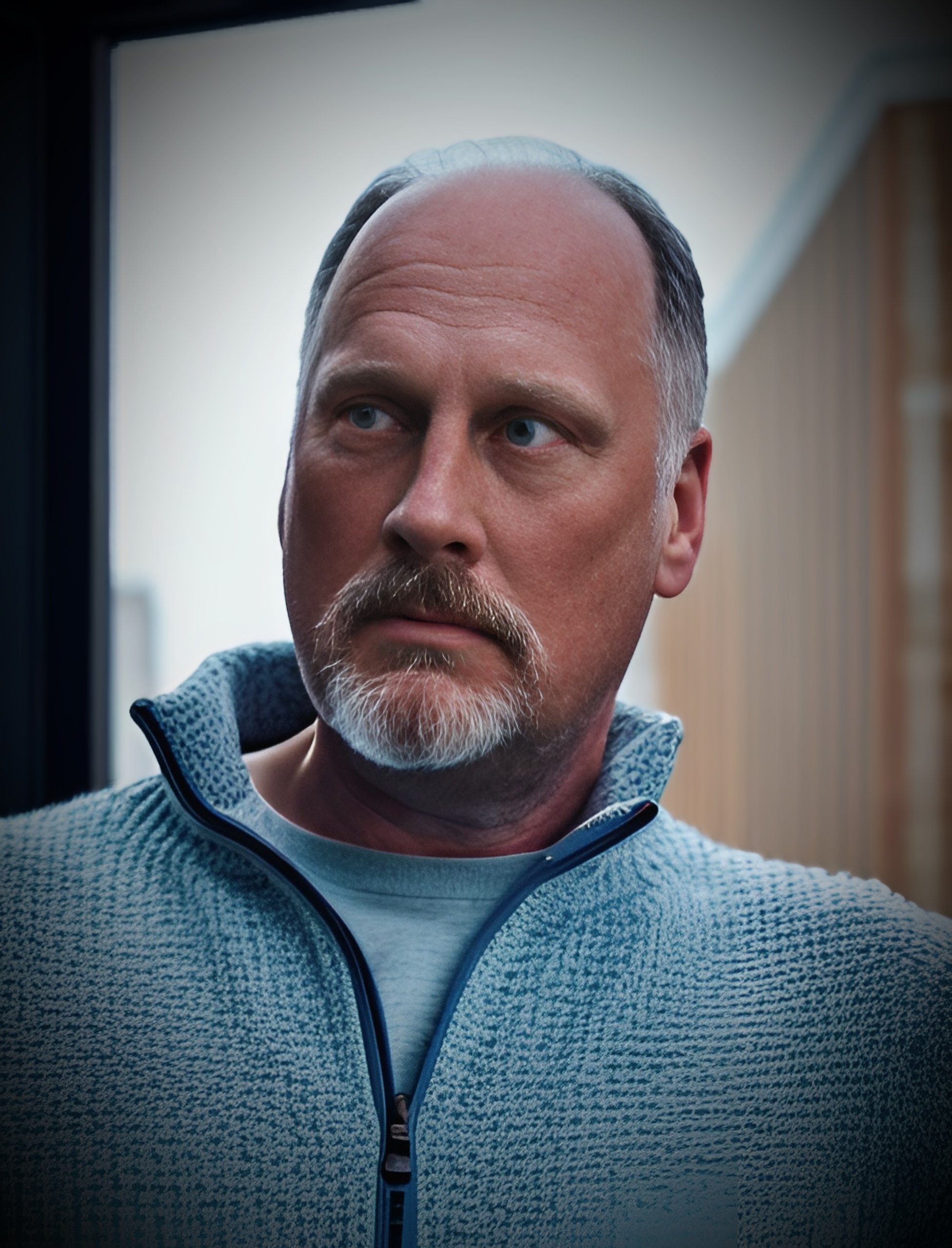 A middle-aged man with a beard and mustache, wearing a light blue textured zip-up sweater over a t-shirt, looking to his left indoors.