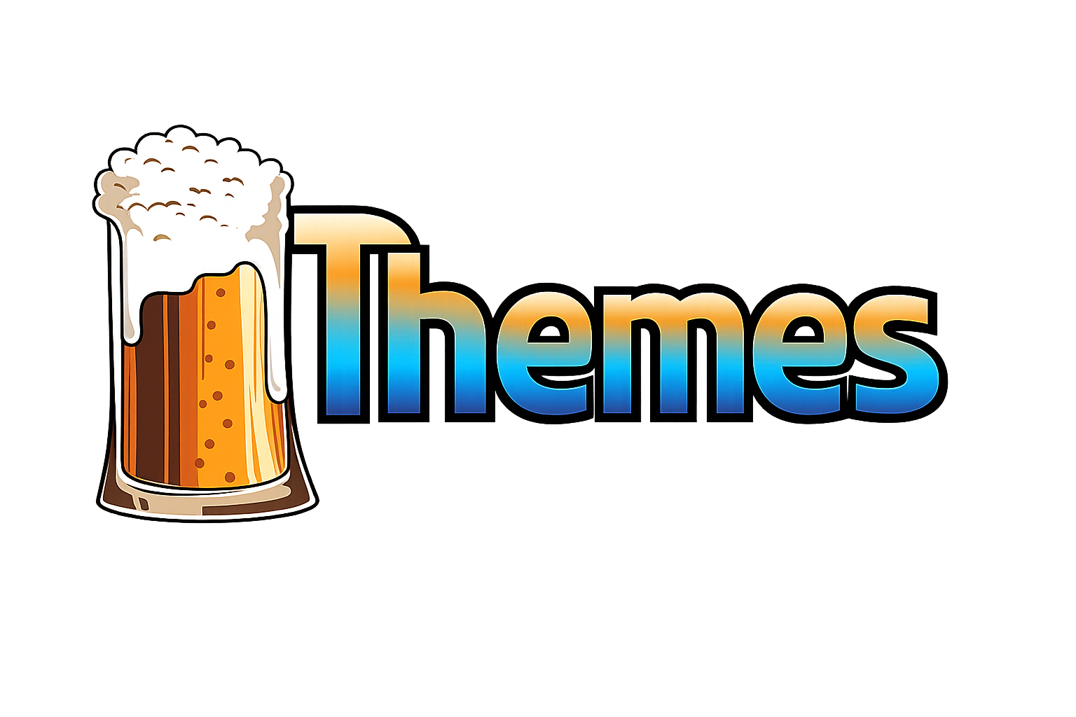 A logo for Themes featuring a cartoon beer mug with foam, next to the word 'Themes' in colorful gradient text.