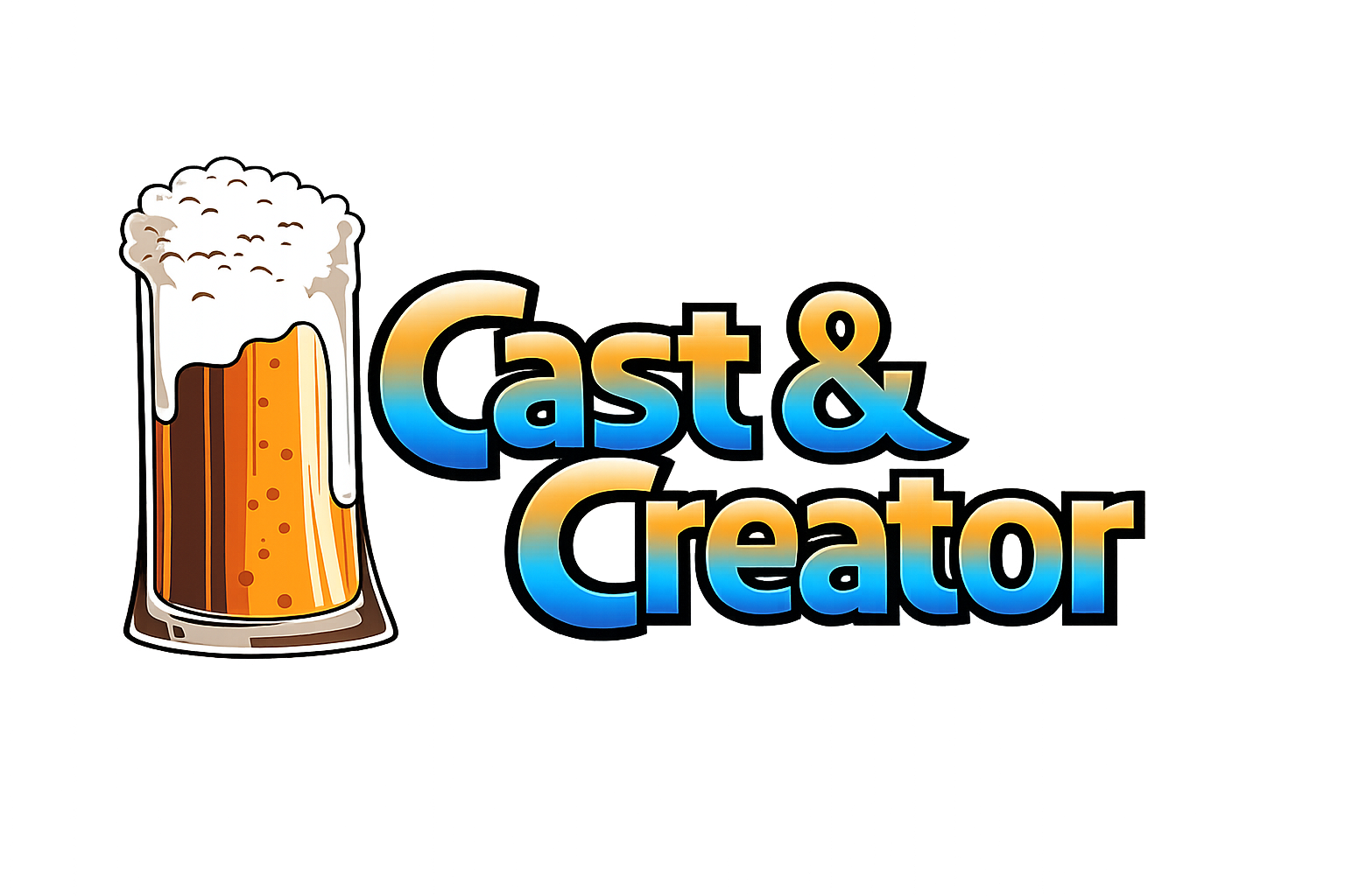 A logo for Cast & Creator featuring a cartoon beer mug with foam on top, next to bold, colorful text that says "Cast & Creator" in a gradient of blue, orange, and yellow.