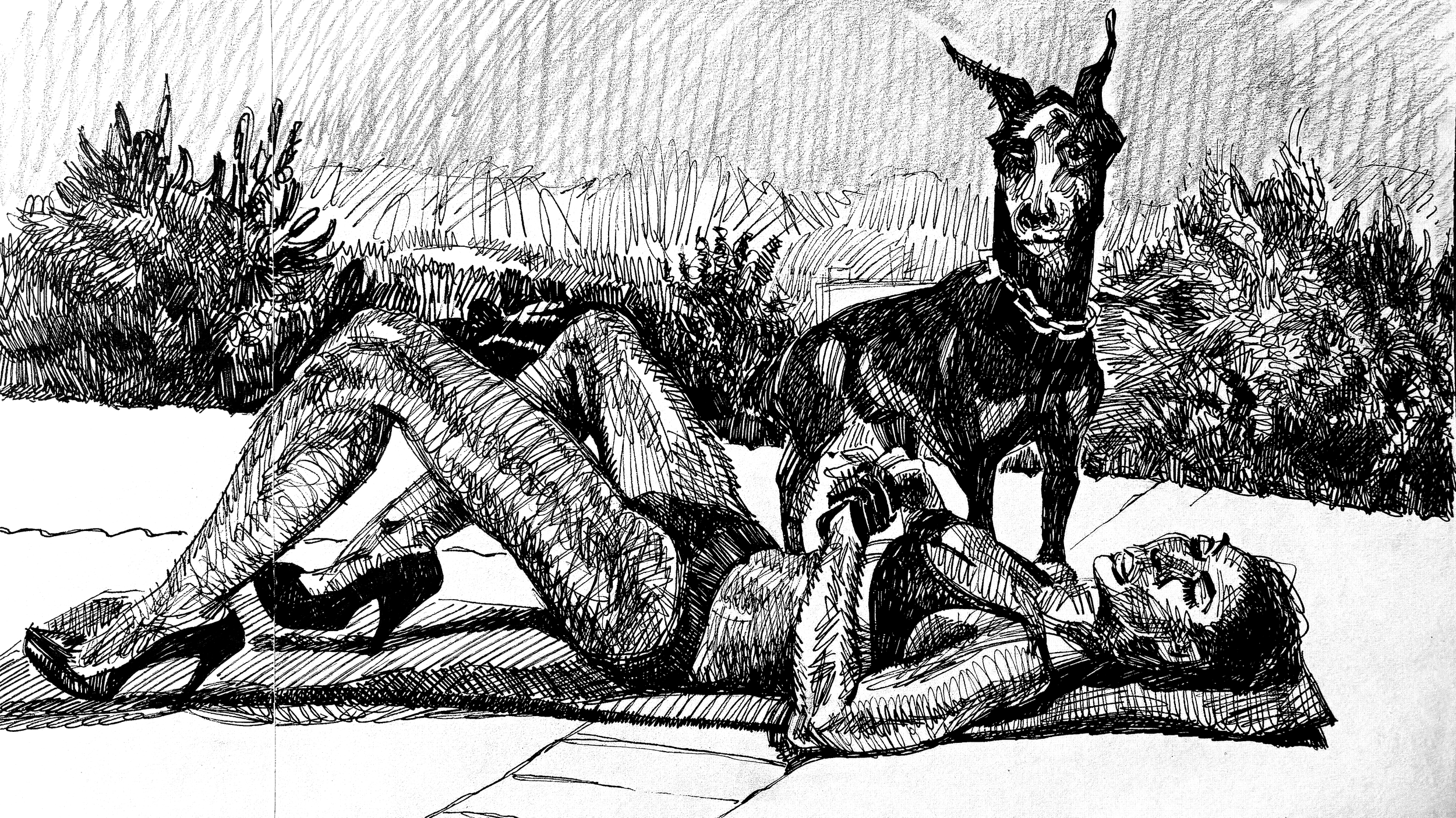 "After Helmut Newton" 2024, pen on paper, 16x9