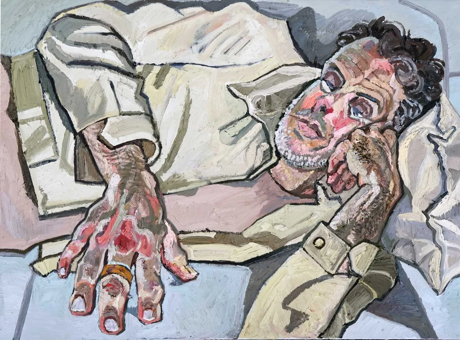 "Reclining Man on a Pillow" 2023, oil on canvas, 40x30