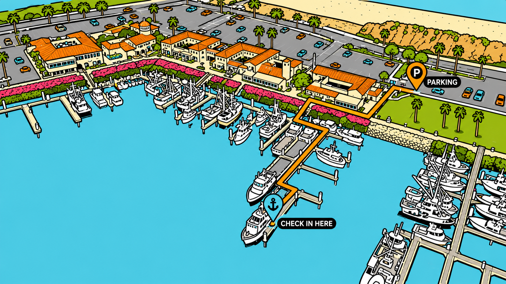 Illustrated parking map of Ventura Harbor Village showing the Whale lot and Dock D