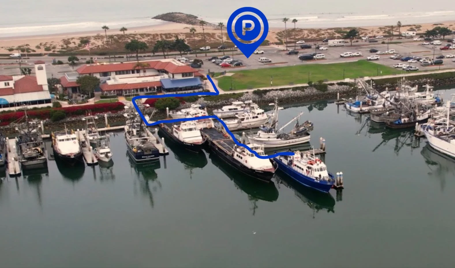 Aerial map showing parking and walking route to Spectre  Snorkel at Ventura Harbor