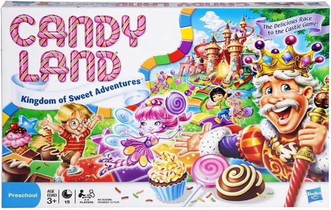 Candy Land board game box featuring a colorful fantasy landscape with castles, winding rainbow path, and cheerful characters including a king, a princess, and children, designed for preschool children ages 3 and up.