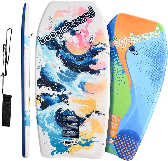 Board with colorful wave design, two inflatable pool floats with vibrant patterns and the "boogie board" logo, and a wrist strap attached.