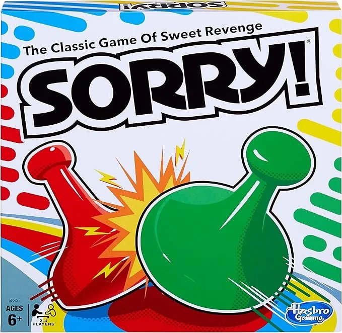 A box of the game 'Sorry!' showing two brightly colored game pieces, one red and one green, with an explosion graphic between them. The box features bold text with the game title and Hasbro Gaming logo.