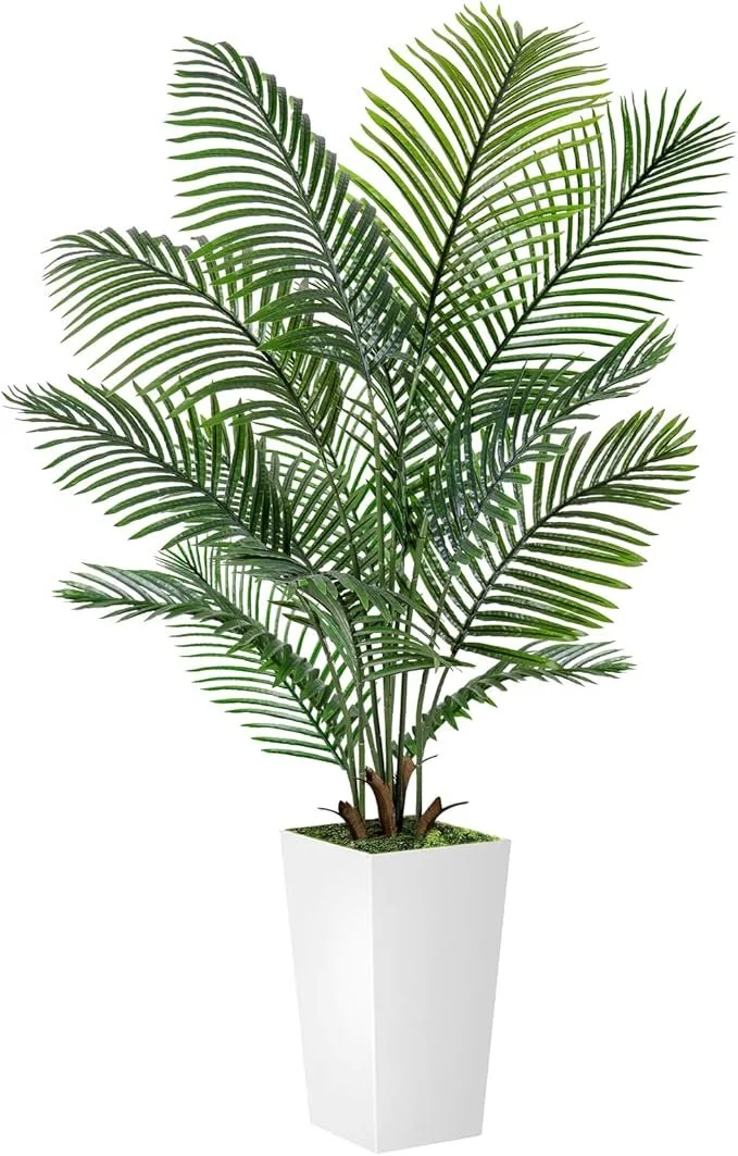 A potted fake palm plant with green fronds in a white rectangular planter.