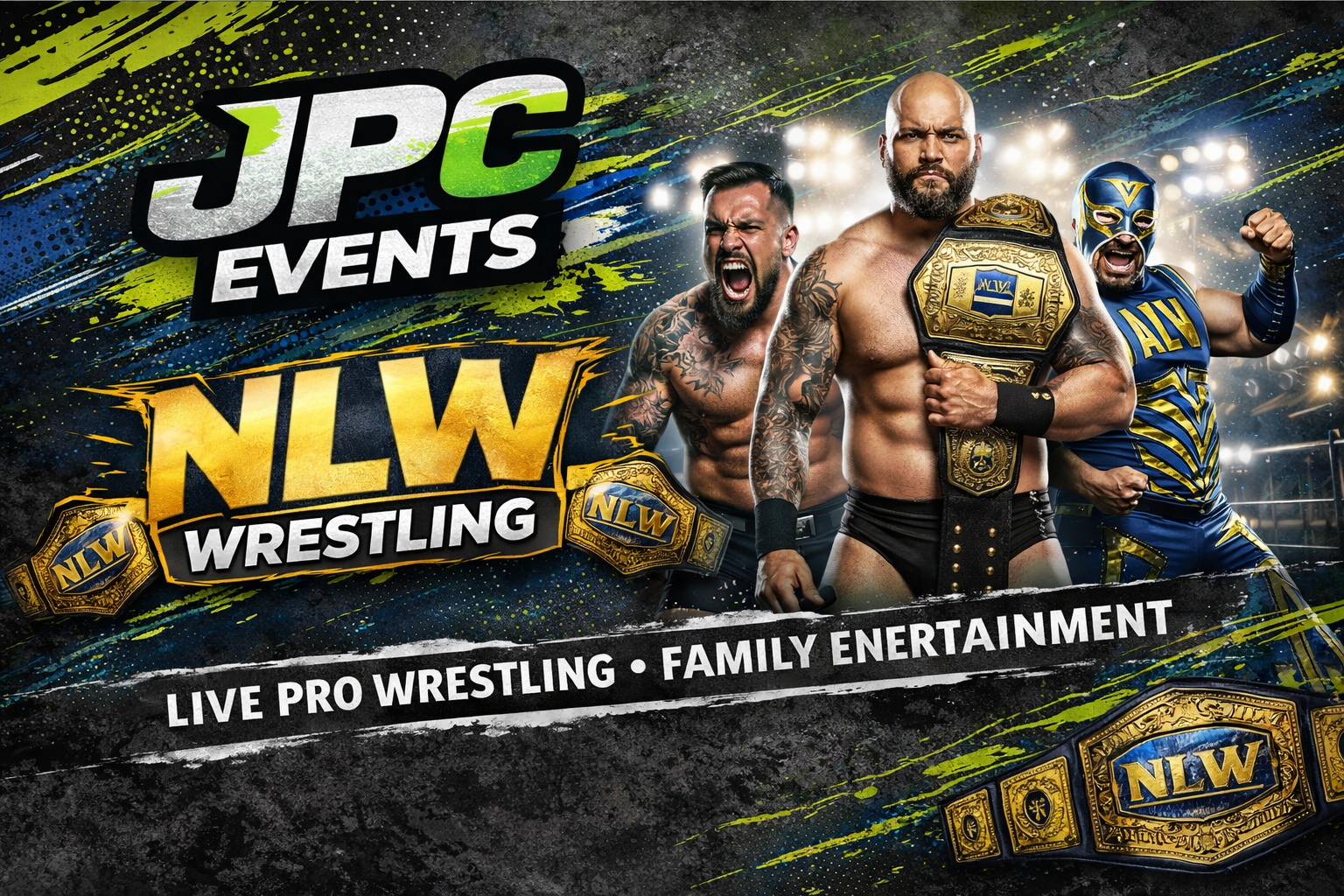 A promotional poster for JPC Events featuring NW Wrestling with three wrestlers in a wrestling ring. One wrestler is wearing a championship belt with the NW logo, and the poster includes text about live pro wrestling and family entertainment.