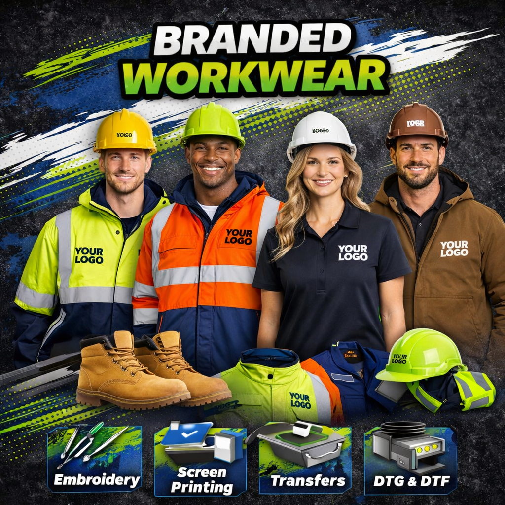Promotional flyer for branded workwear featuring four smiling workers in safety gear, with tools and work accessories displayed. The background has colorful, dynamic paint splashes, and the text reads 'Branded Workwear'. Icons at the bottom indicate embroidery, screen printing, transfers, and DTG & DTF printing services.