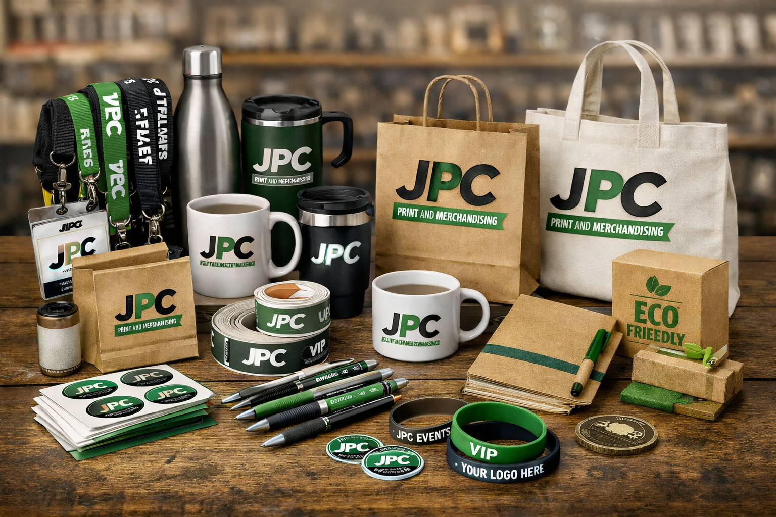 Displays various branded merchandise including mugs, tote bags, notebooks, pens, wristbands, stickers, and bottles with the JPC logo for print and merchandising, along with some eco-friendly packaging and promotional items on a wooden table.