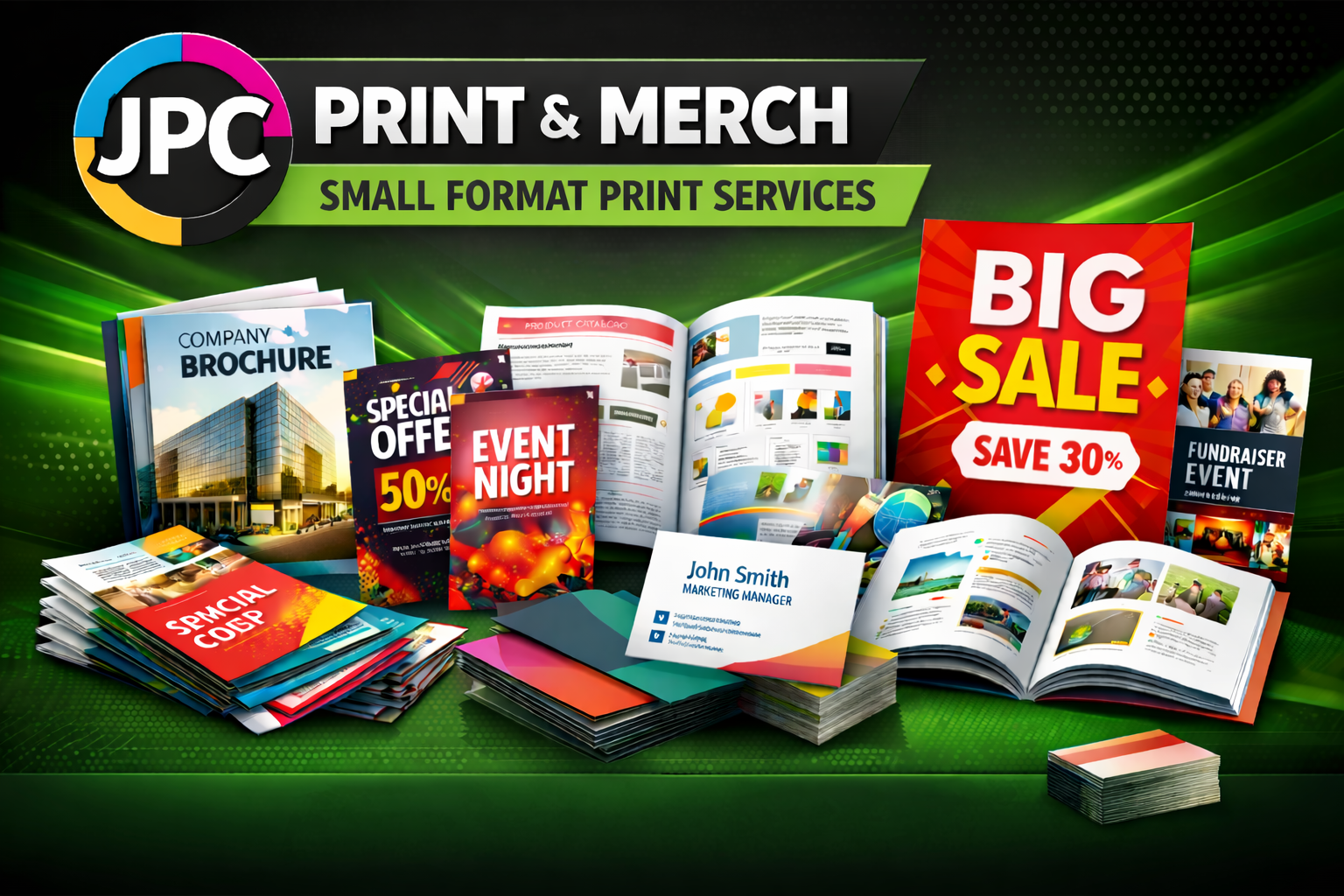 A collection of printed promotional materials including brochures, flyers, and catalogs on a green digital background. The display features advertisements for sales, events, and various business services from JPC Print & Merch.