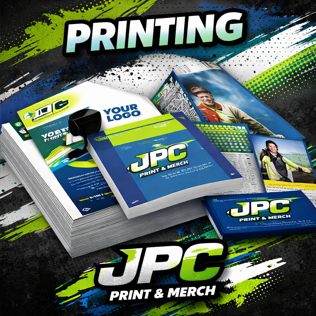 Printing shop promotional display featuring brochures, business cards, and flyers with the JPC Print & Merch logo and branding in green, yellow, and blue colors, set on a grunge background with vibrant graphic splashes.