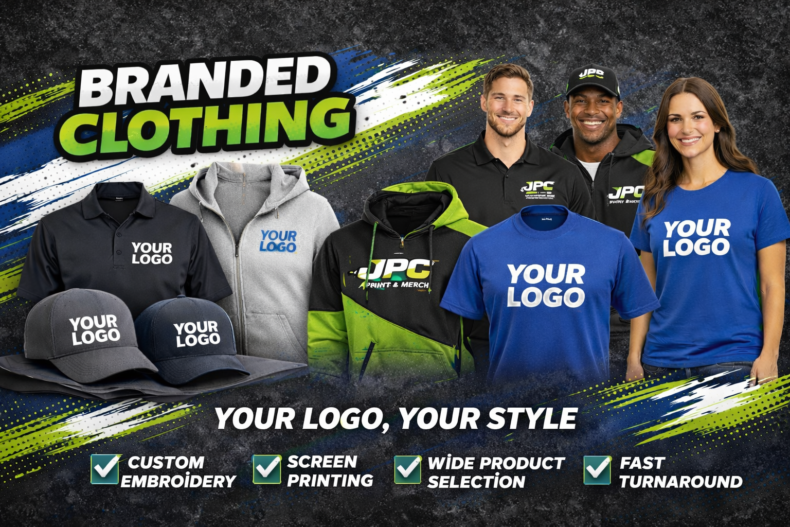 Display of branded clothing and accessories, including hats, t-shirts, and jackets, with customizable logos. Features a banner with the text 'Branded Clothing' and highlights services like custom embroidery, screen printing, wide product selection, and fast turnaround.