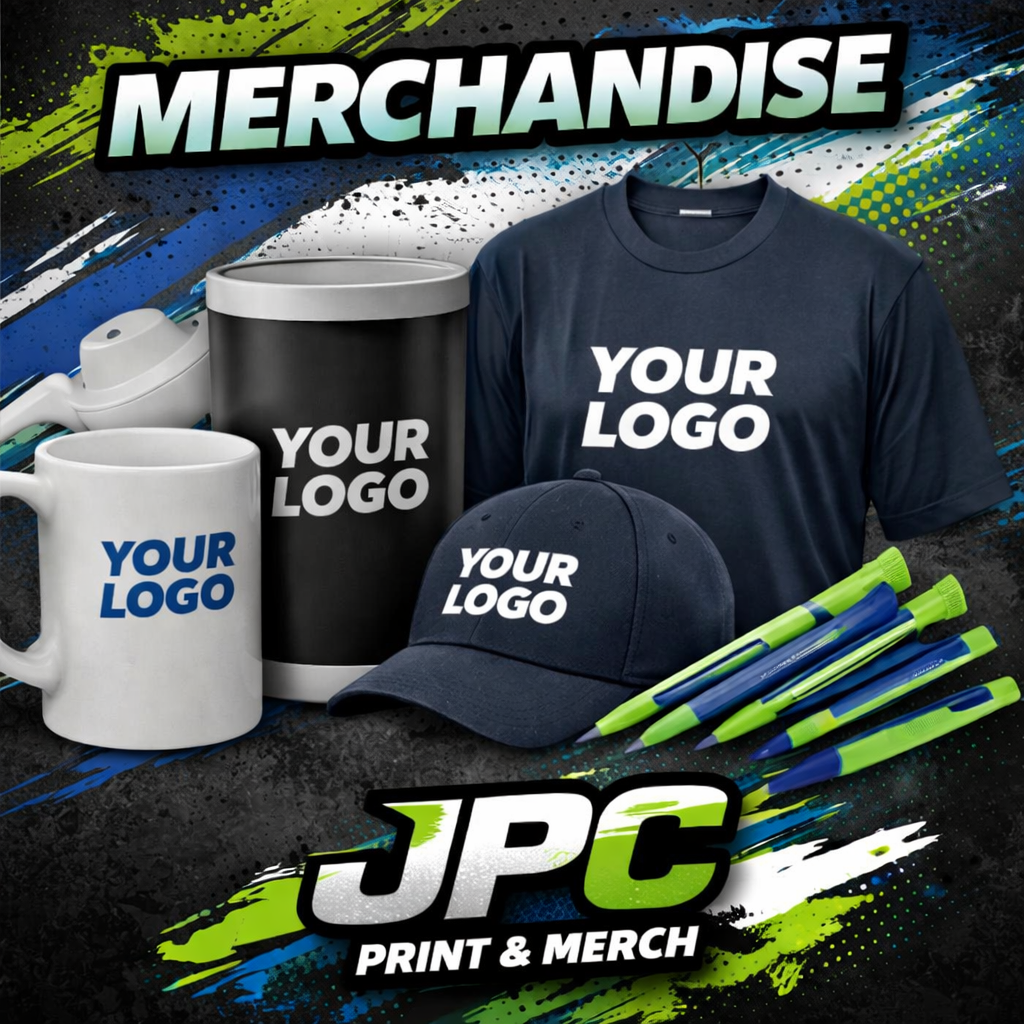Display of customizable merchandise including mugs, a tumbler, a t-shirt, a cap, and pens, all featuring placeholder text 'Your Logo', with a background that says 'Merchandise' and a logo for JPC Print & Merch.