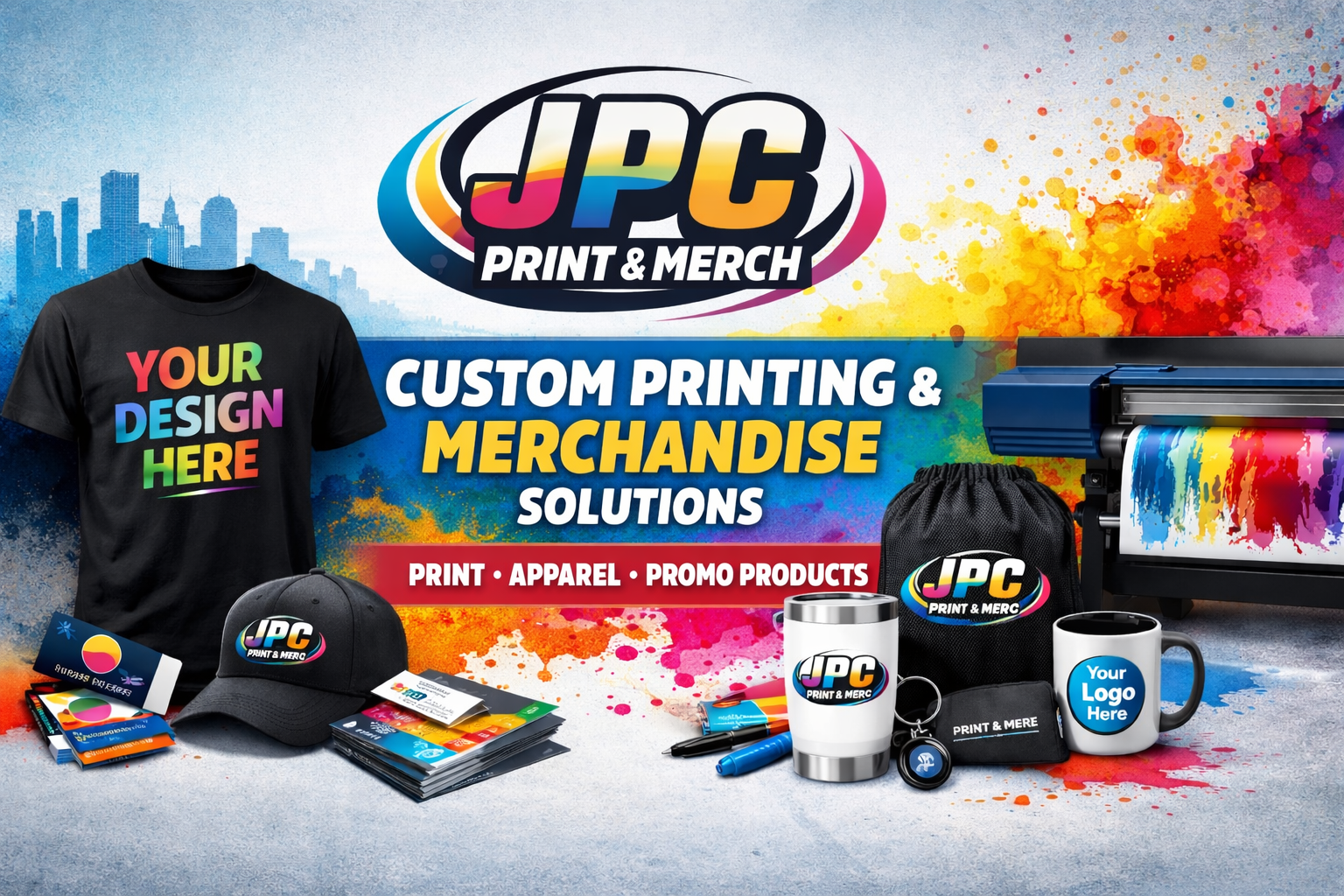 Promotional banner for JPC Print & Merch showcasing custom printing and merchandise solutions with items such as T-shirts, hats, mugs, a printer, pens, and promo products, against a colorful splatter background.