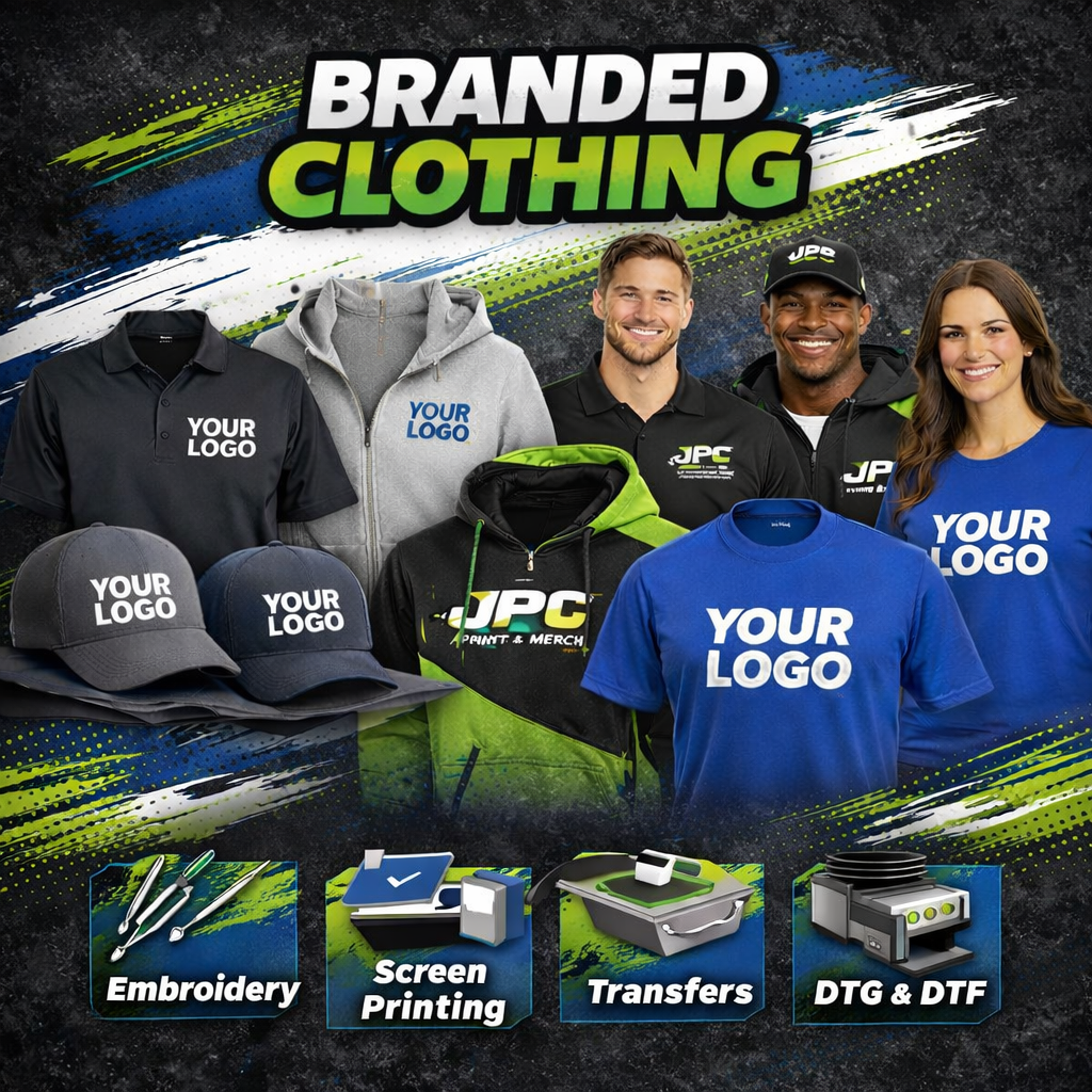 Promotional graphic for branded clothing and printing services, featuring various apparel items with customizable logos, and icons for embroidery, screen printing, transfers, and digital/DTG printing.