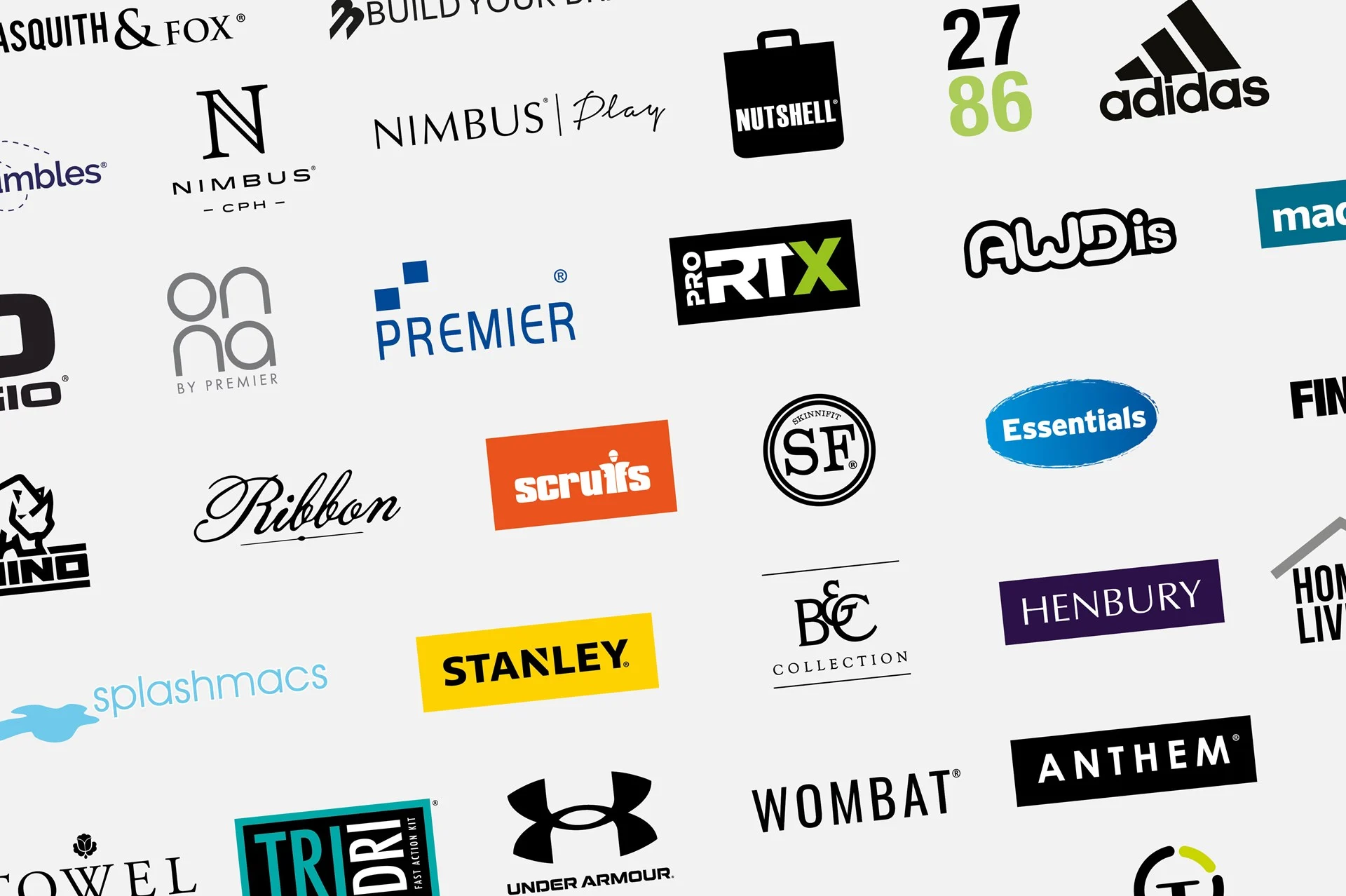 A collage of various brand logos, including Adidas, Under Armour, Stanley, Wombat, Halo, and others, on a white background.