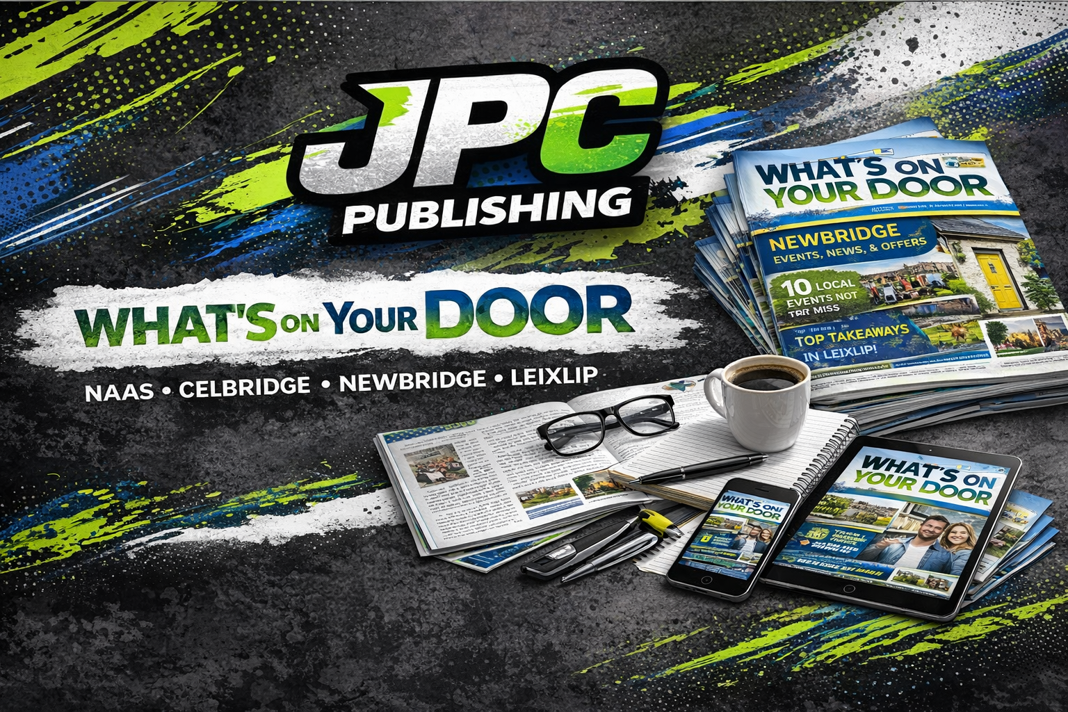 Promotion of JPC Publishing with newspapers, a tablet, a smartphone, a cup of coffee, glasses, and writing materials on a dark, colorful, textured surface featuring headlines 'What's on Your Door' and listing locations Naas, Celbridge, Newbridge, Leixlip.