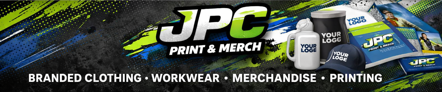 A promotional banner for JPC Print & Merch showing branded clothing, workwear, merchandise, and printing items with the JPC logo and customizable logos, including a mug, tumbler, cap, and packaging.