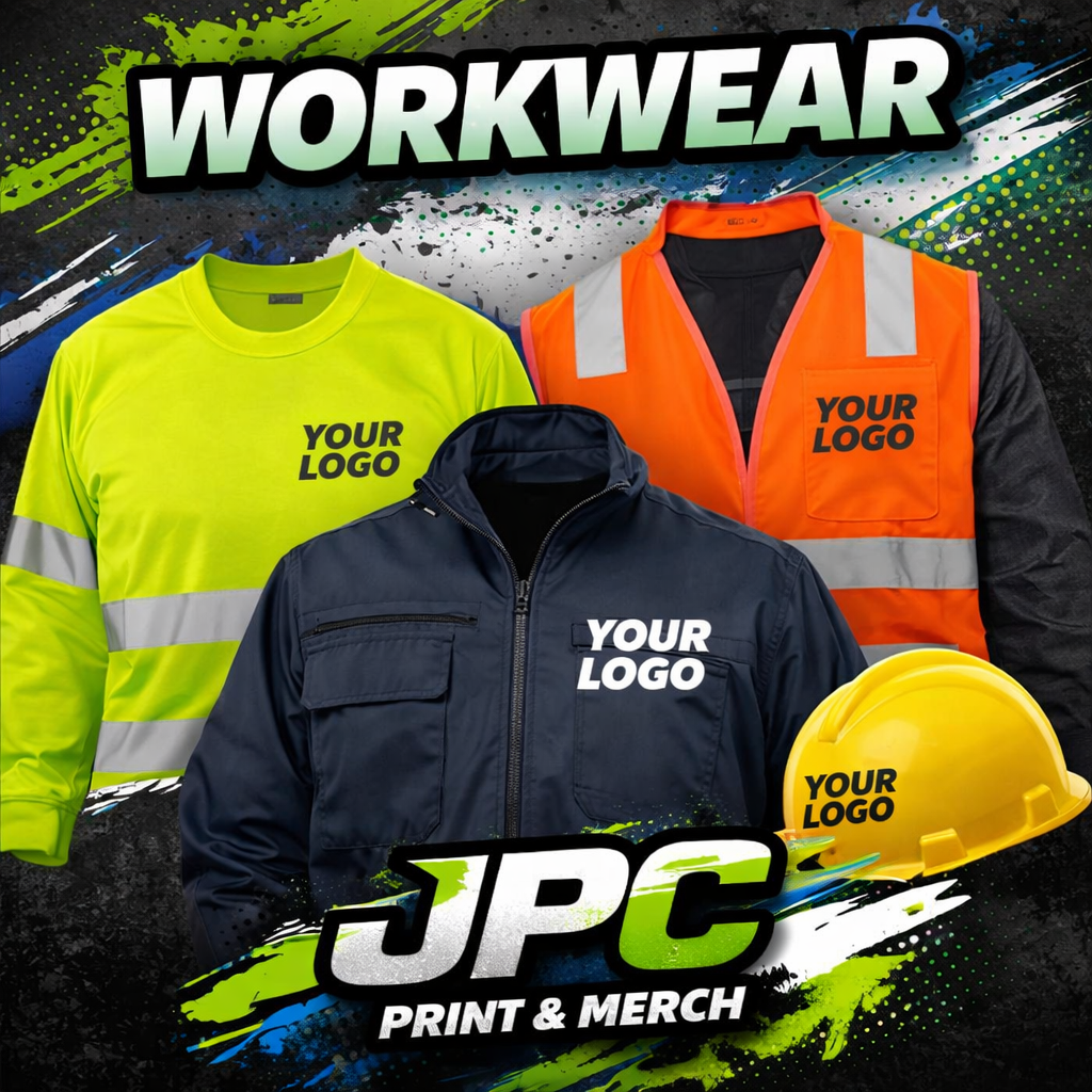 Various high-visibility and safety workwear items including a yellow safety shirt, an orange safety vest, a navy blue jacket, and a yellow safety helmet, all with customizable logos, displayed against a graphic background with the text "WORKWEAR" and "JPC PRINT & MERCH".