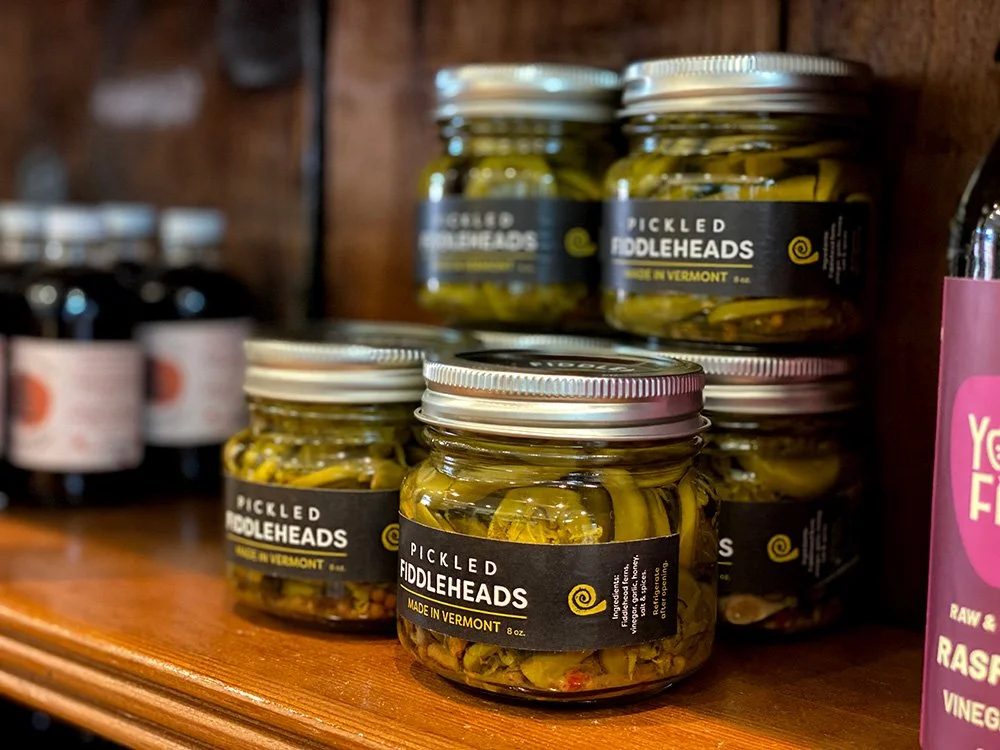 Overstory Farm pickled fiddleheads retail display.
