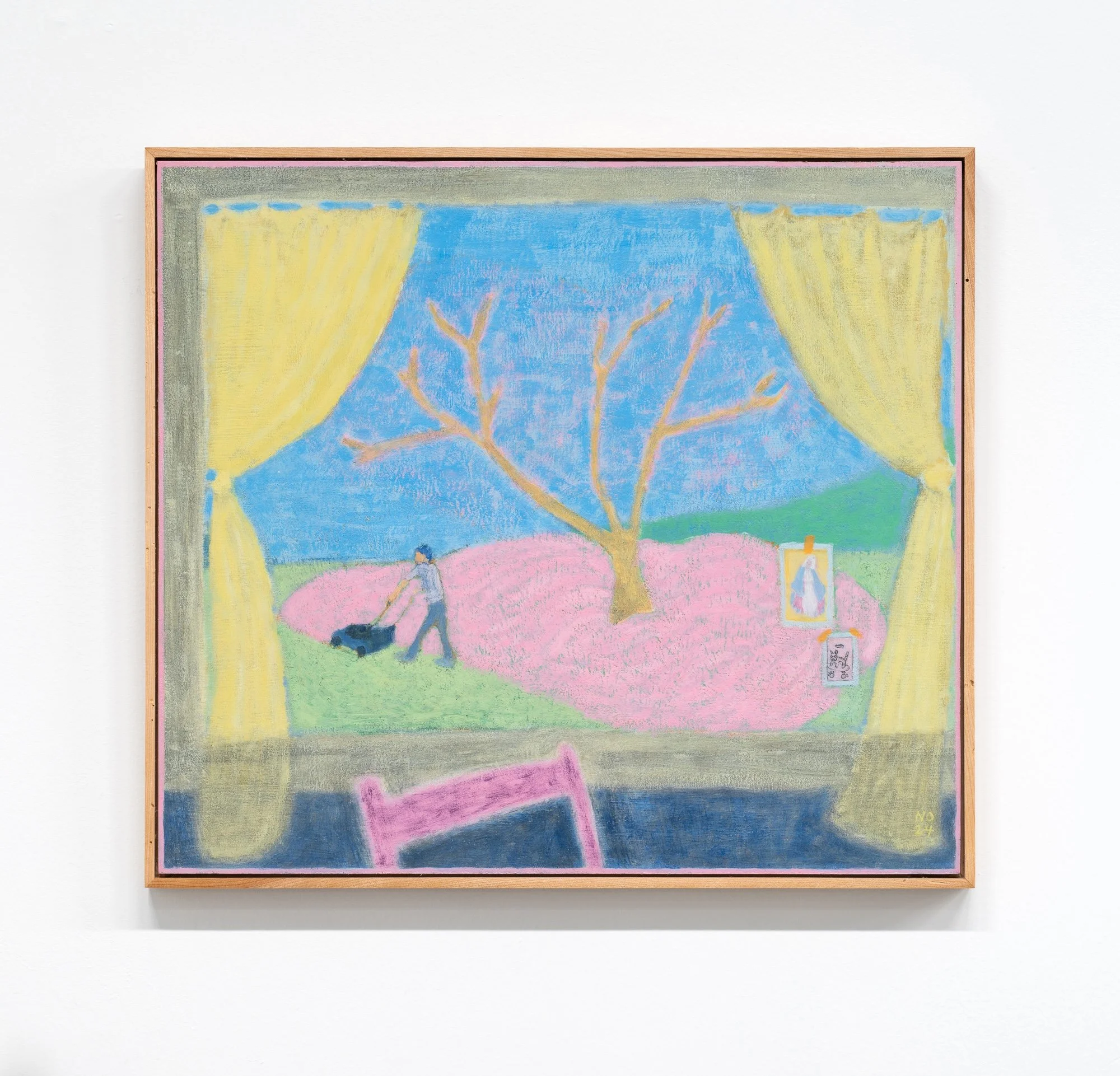 Clear day in the suburbs, 2024 / casein tempera on panel in handmade frame / 15.5” x 17.25”