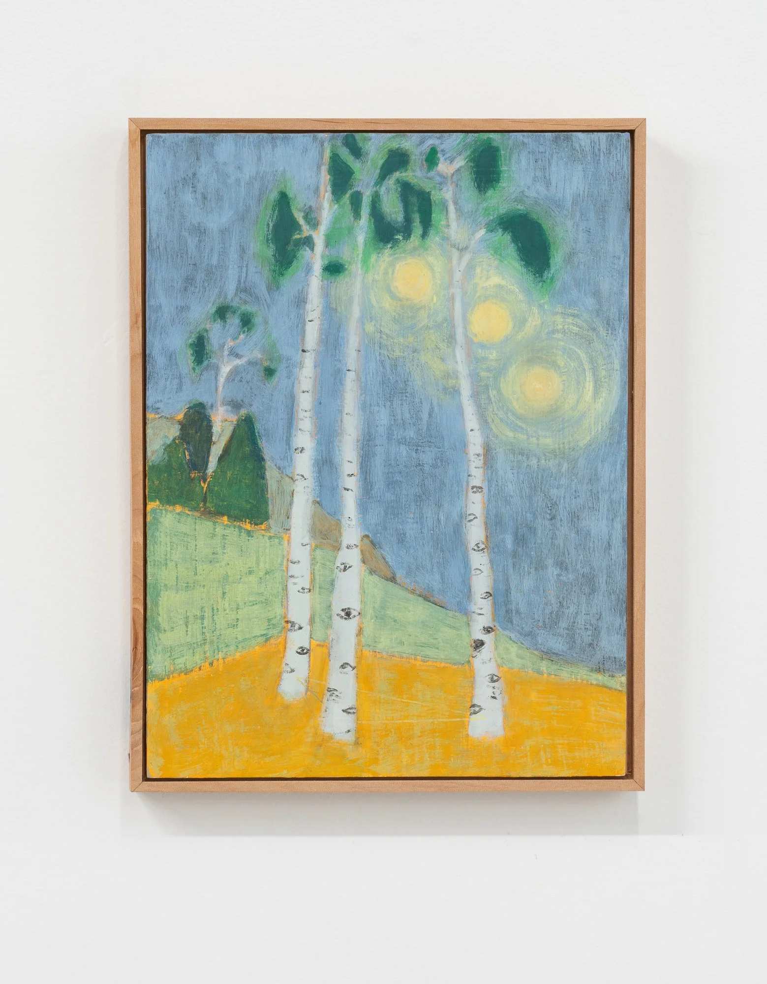 Three birch trees, 2023 / casein tempera on panel in handmade frame / 12” x 9”