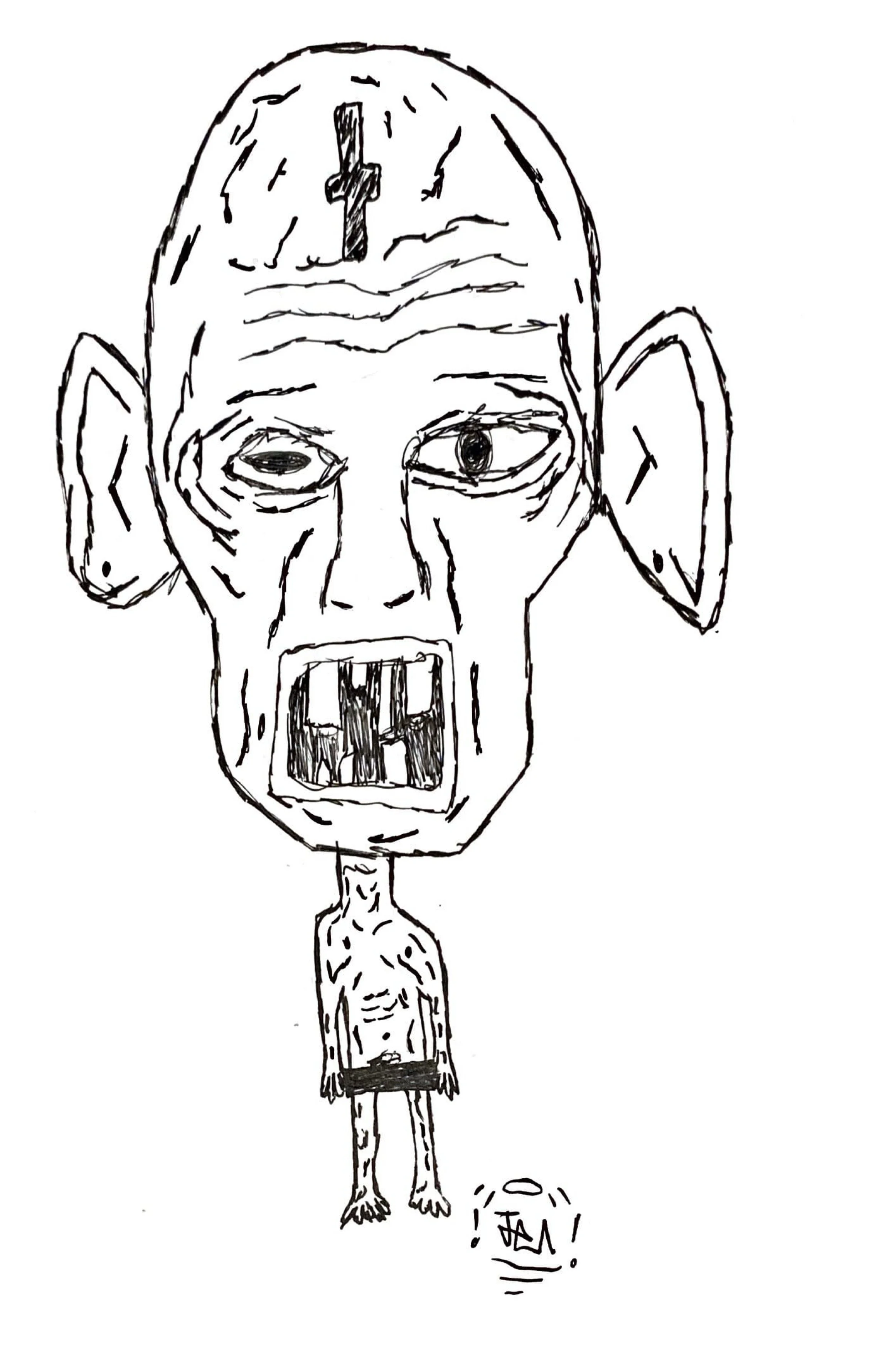 A black and white sketch of a grotesque figure with a large head, exaggerated facial features, one eye open and one closed. The head has a cross on the forehead. The mouth is wide open, showing teeth. The figure has large ears, a thin body, and is wearing shorts. There is a small detail on the ground near its feet.