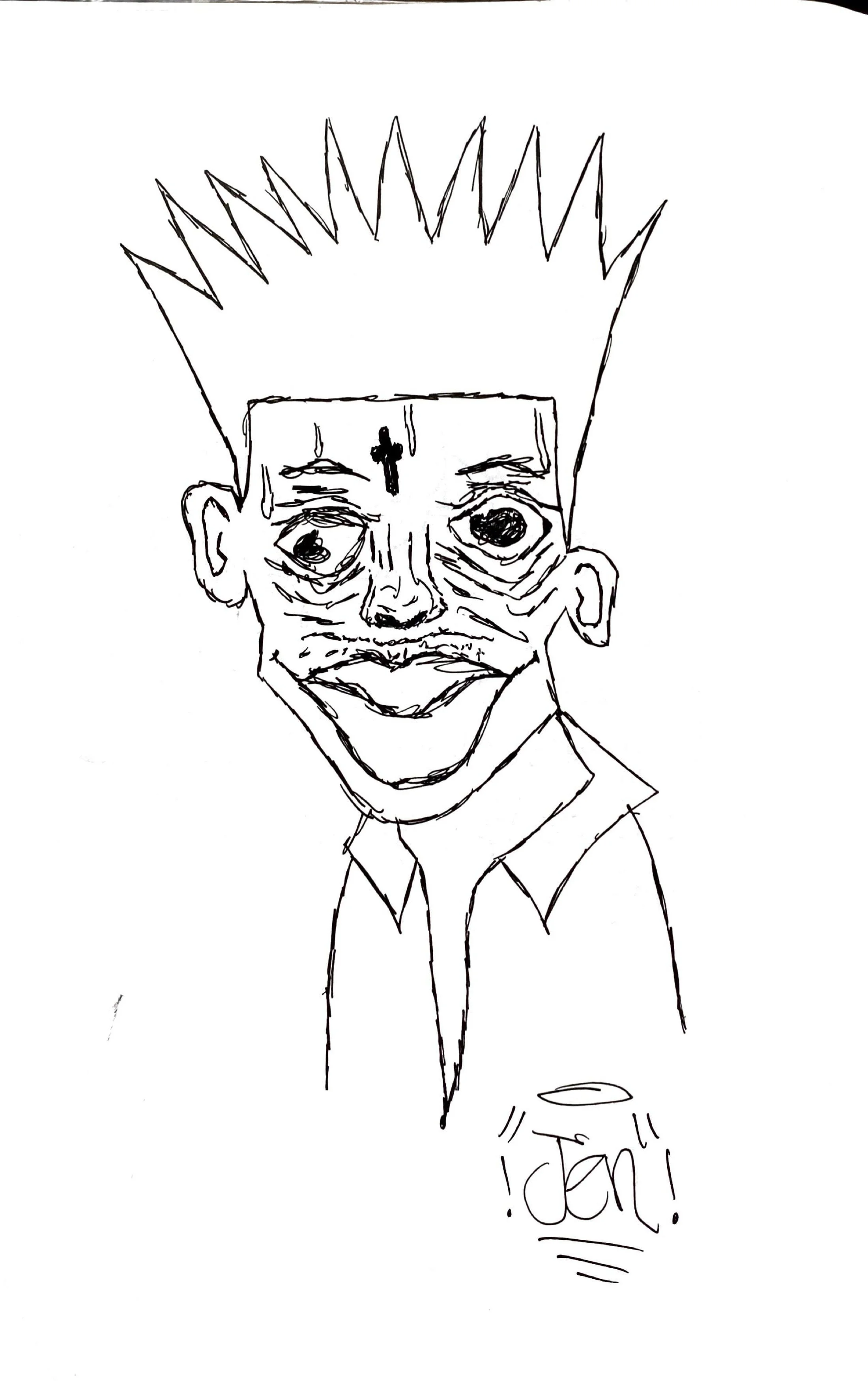 A black and white sketch of a person with spiky hair and wrinkled face, smiling with a wide mouth, with a cross tattoo on the forehead and the word 'JEN!' written below.