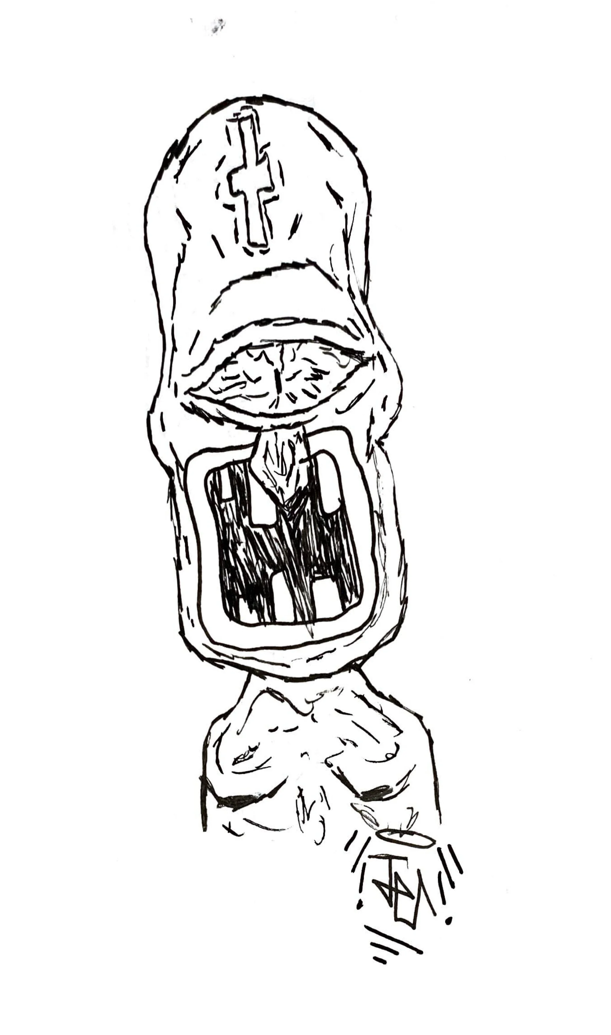 A black and white line drawing of a totem pole with a bird head at the top, an eye and a wide-open mouth below, and a human figure at the bottom.