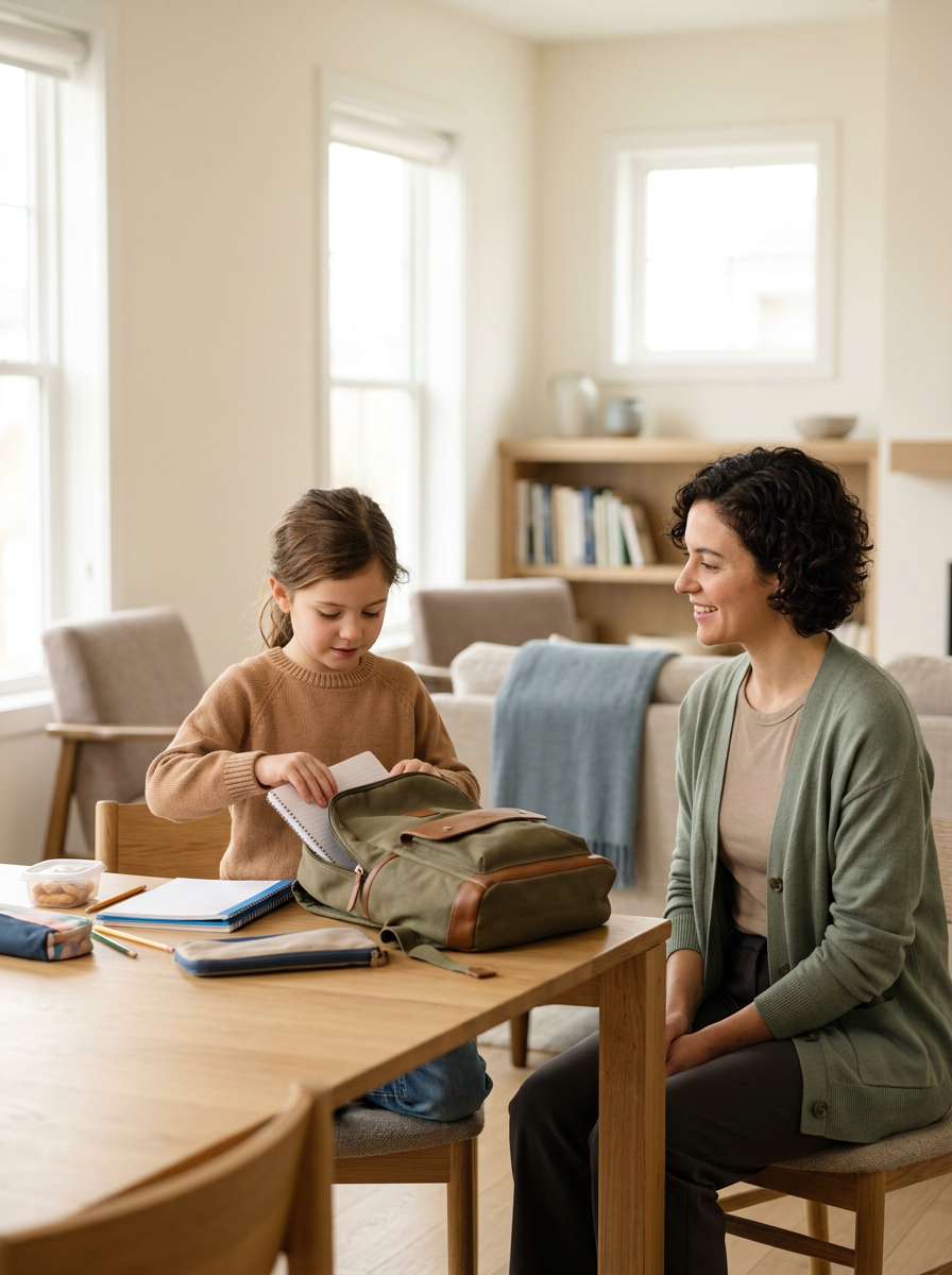 A woman and a young girl sitting at a dining table, with the girl opening a backpack. The scene is in a bright, cozy living room with large windows and bookshelves in the background.