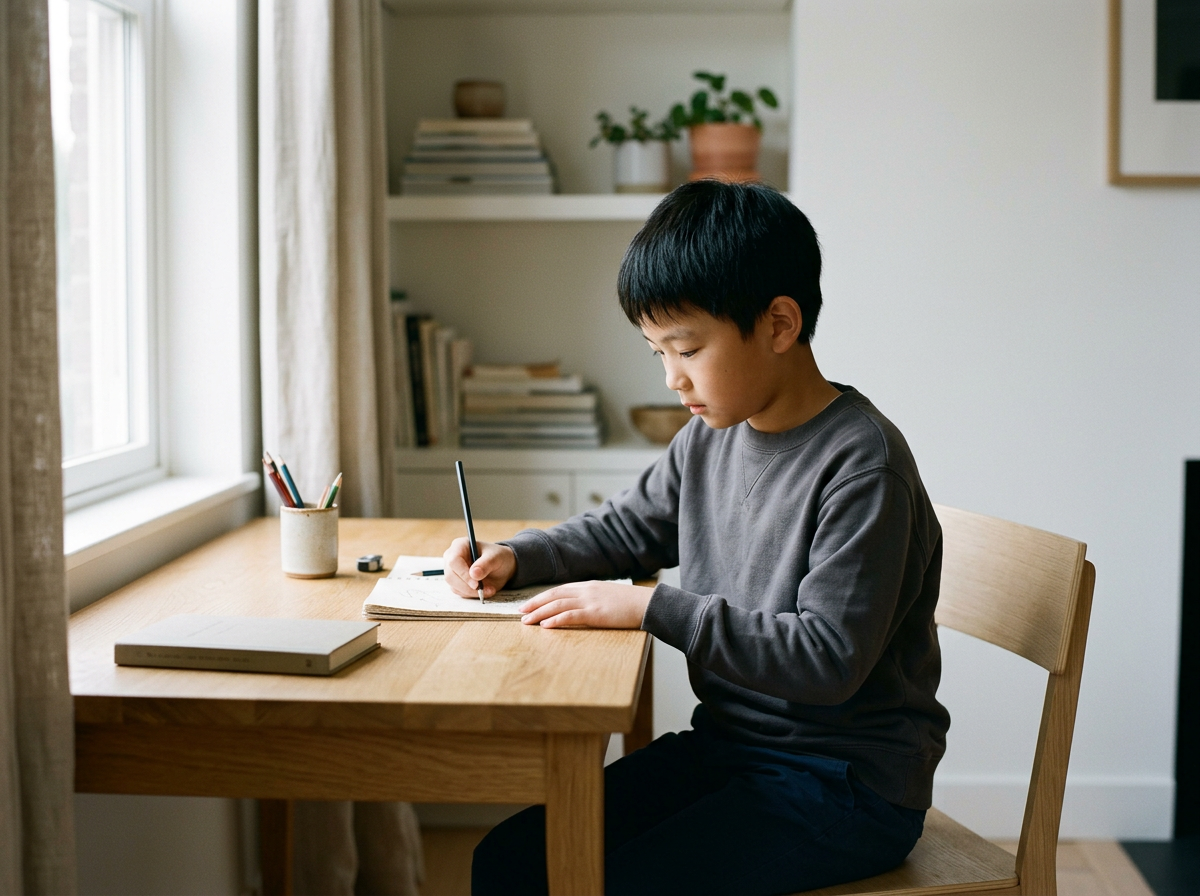 Boy sitting at a wooden desk writing in a notebook, with a window, books, and plants in the background.