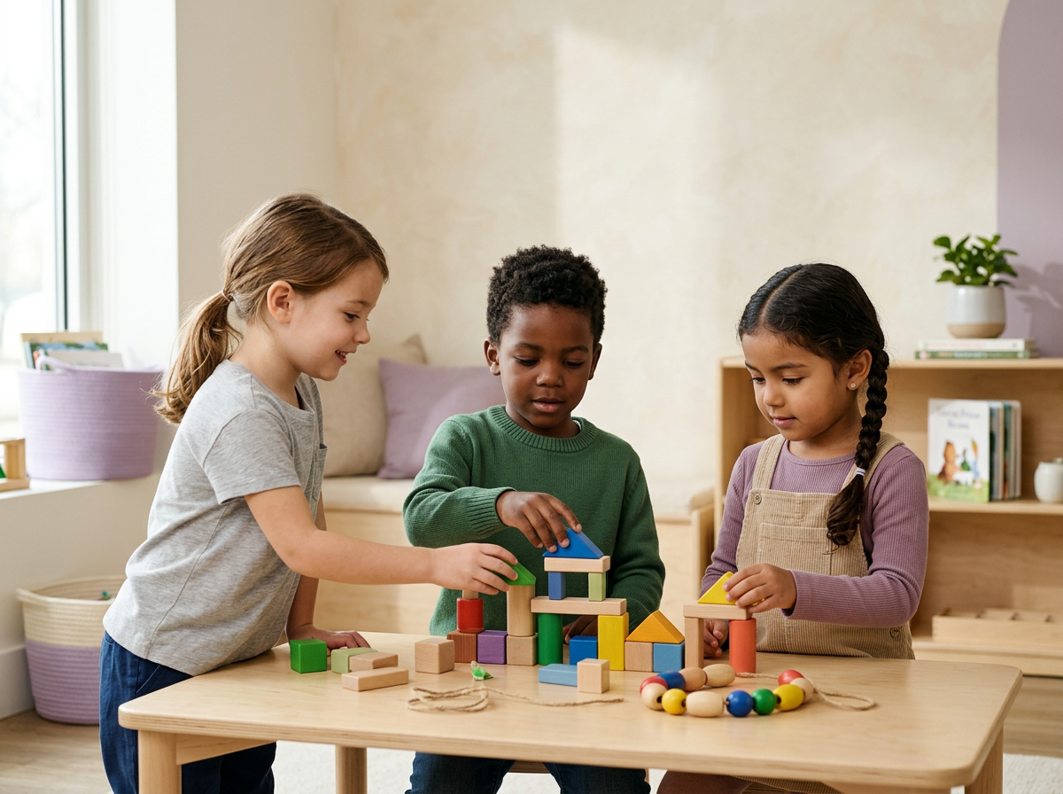 Three children playing with colorful wooden building blocks at a table in a bright, cozy room.